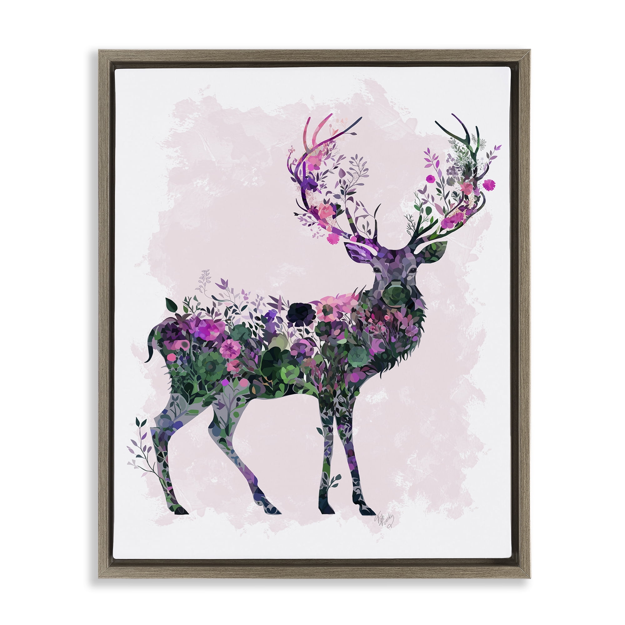 Stupell Industries Wildflower Patterned Deer Animals & Insects Painting Brown Floater Framed Canvas Art Print Wall Art, 17 x 21