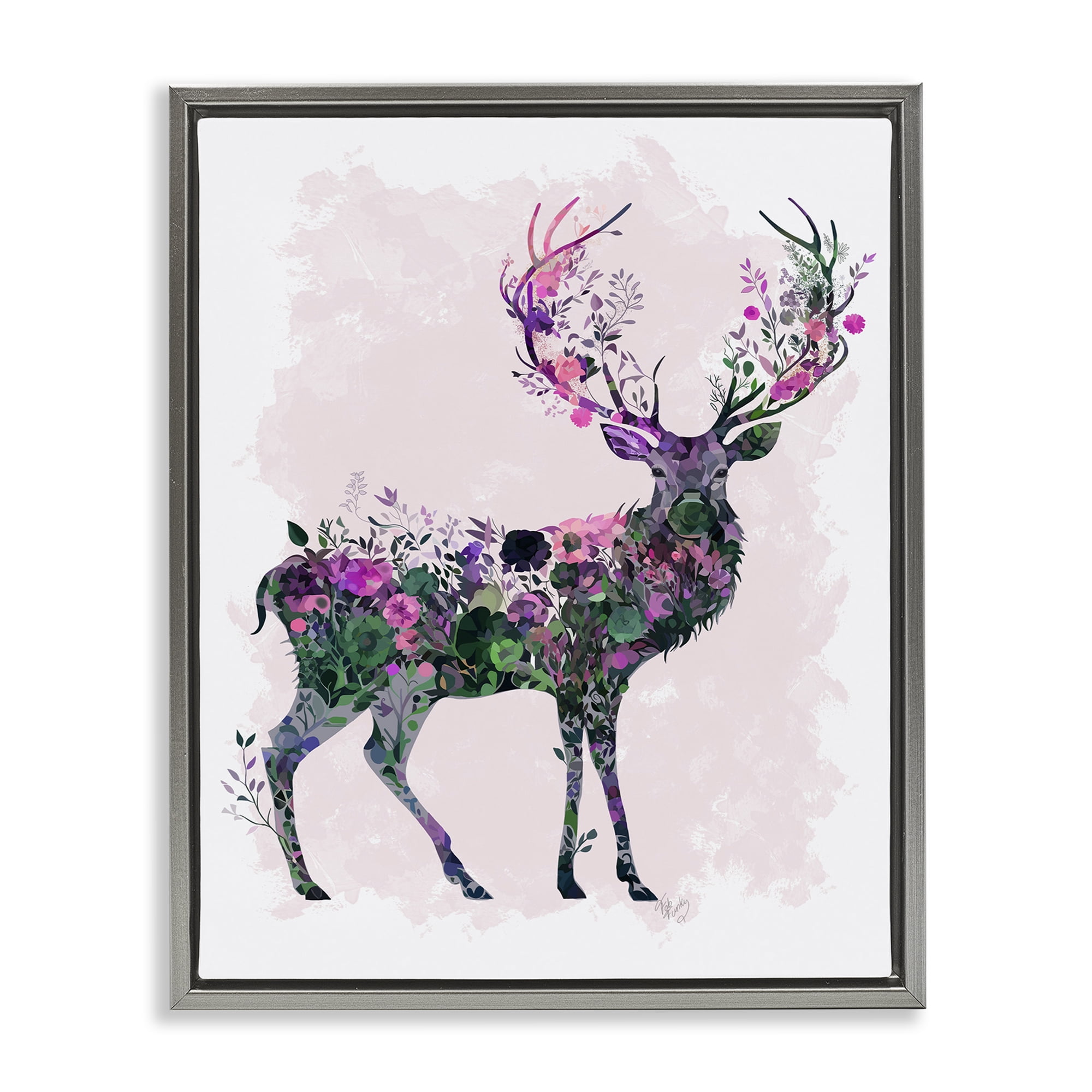 Stupell Industries Wildflower Patterned Deer Animals & Insects Painting Gray Floater Framed Canvas Art Print Wall Art, 25 x 31