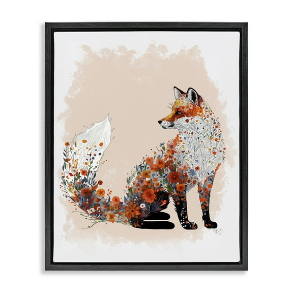 Stupell Industries Wildflower Patterned Fox Animals & Insects Painting Black Floater Framed Canvas Art Print Wall Art, 17 x 21