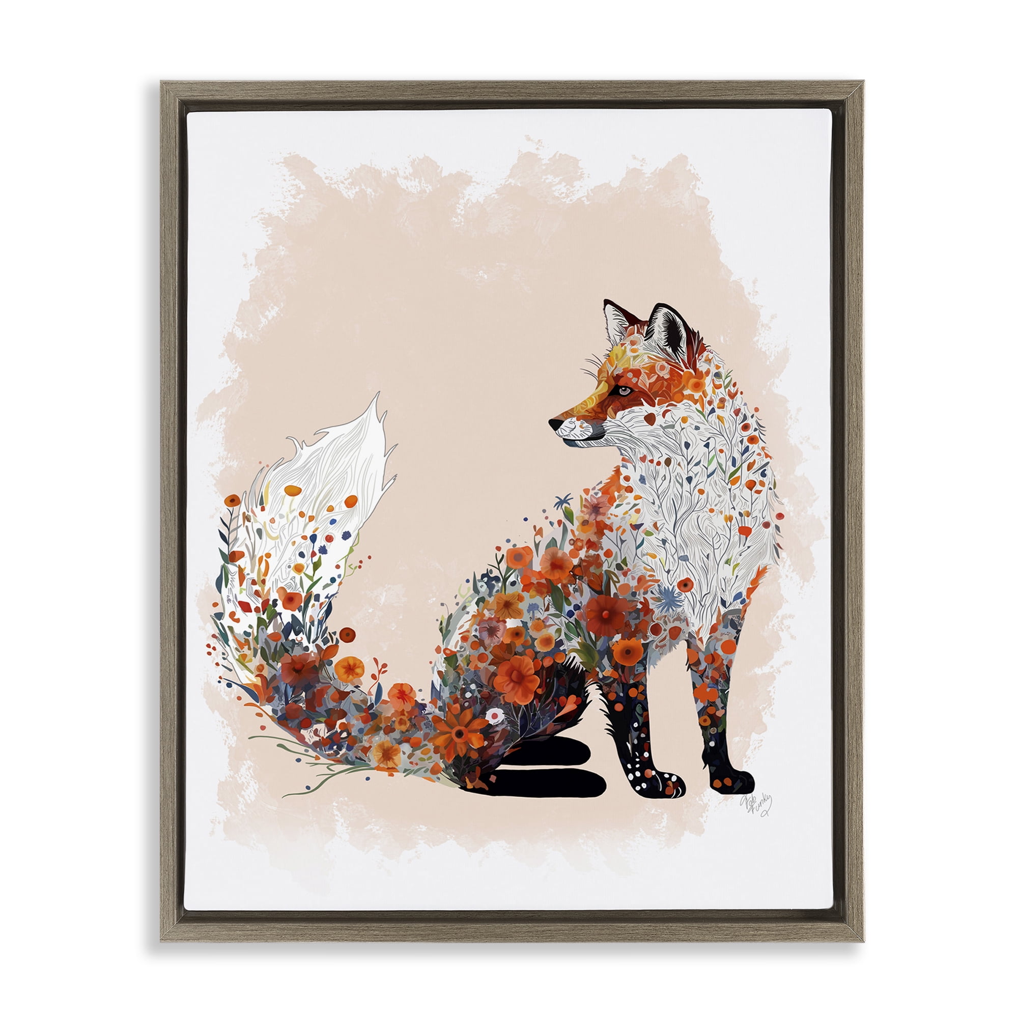Stupell Industries Wildflower Patterned Fox Animals & Insects Painting Brown Floater Framed Canvas Art Print Wall Art, 17 x 21