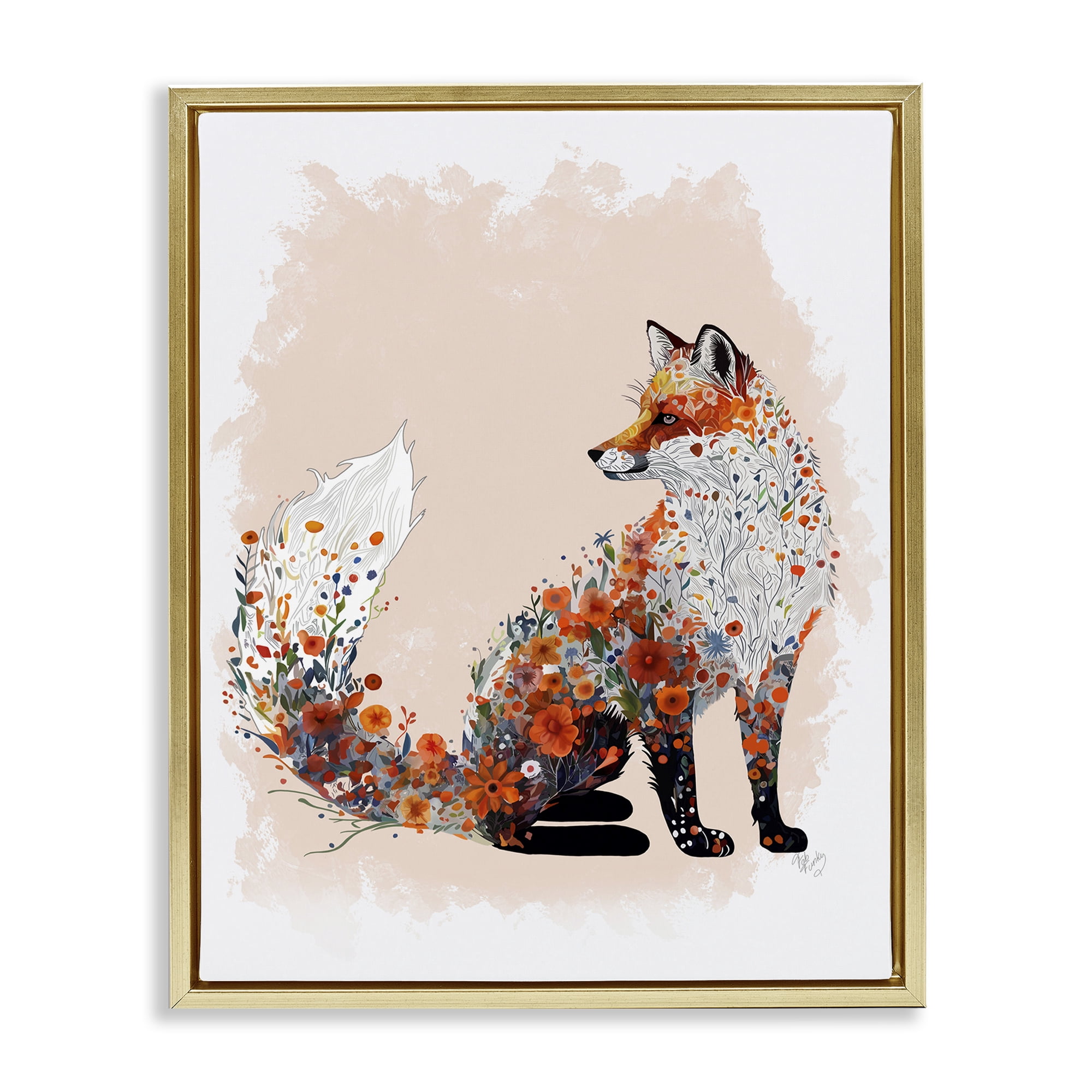 Stupell Industries Wildflower Patterned Fox Animals & Insects Painting Gold Floater Framed Canvas Art Print Wall Art, 25 x 31