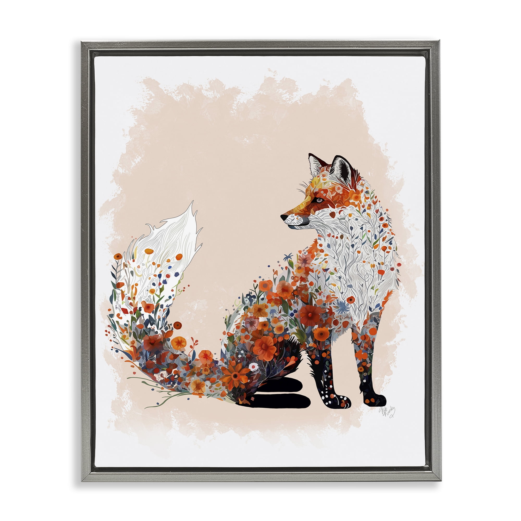 Stupell Industries Wildflower Patterned Fox Animals & Insects Painting Gray Floater Framed Canvas Art Print Wall Art, 17 x 21
