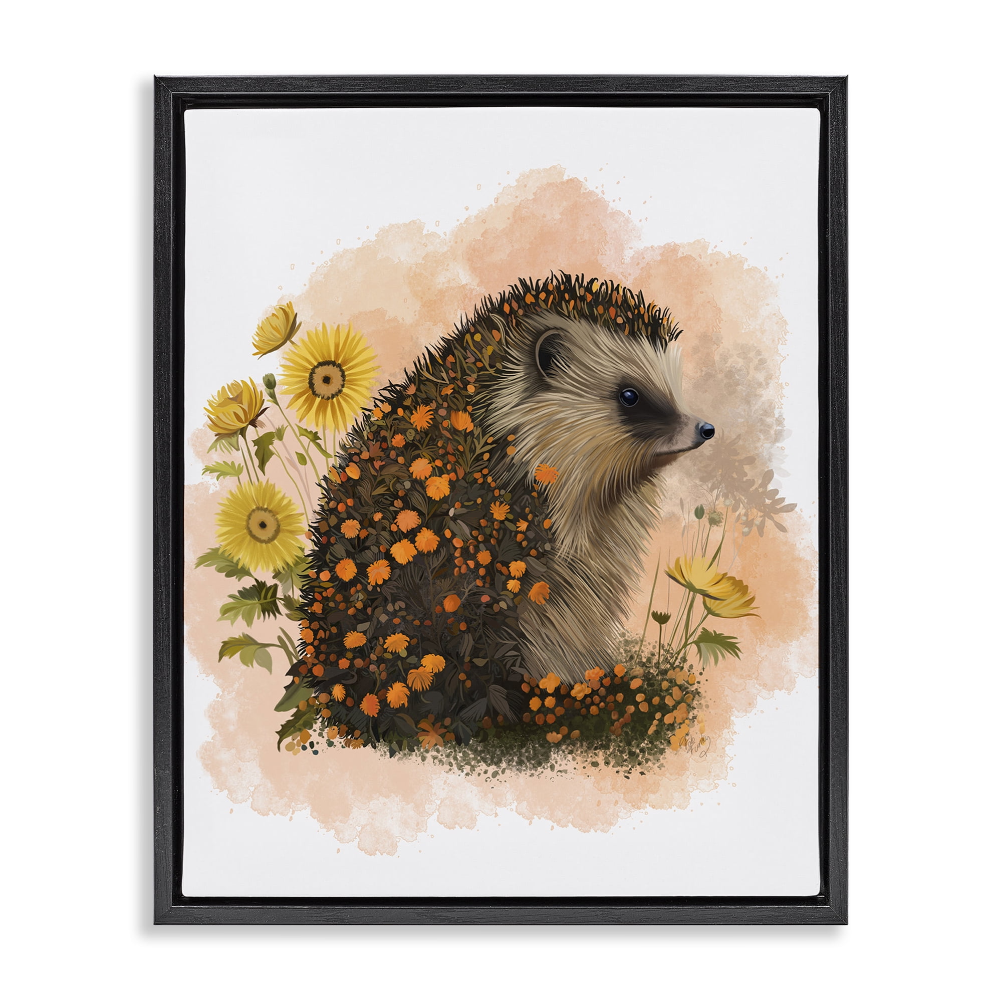 Stupell Industries Wildflower Patterned Hedgehog Animals & Insects Painting Black Floater Framed Canvas Art Print Wall Art, 17 x 21