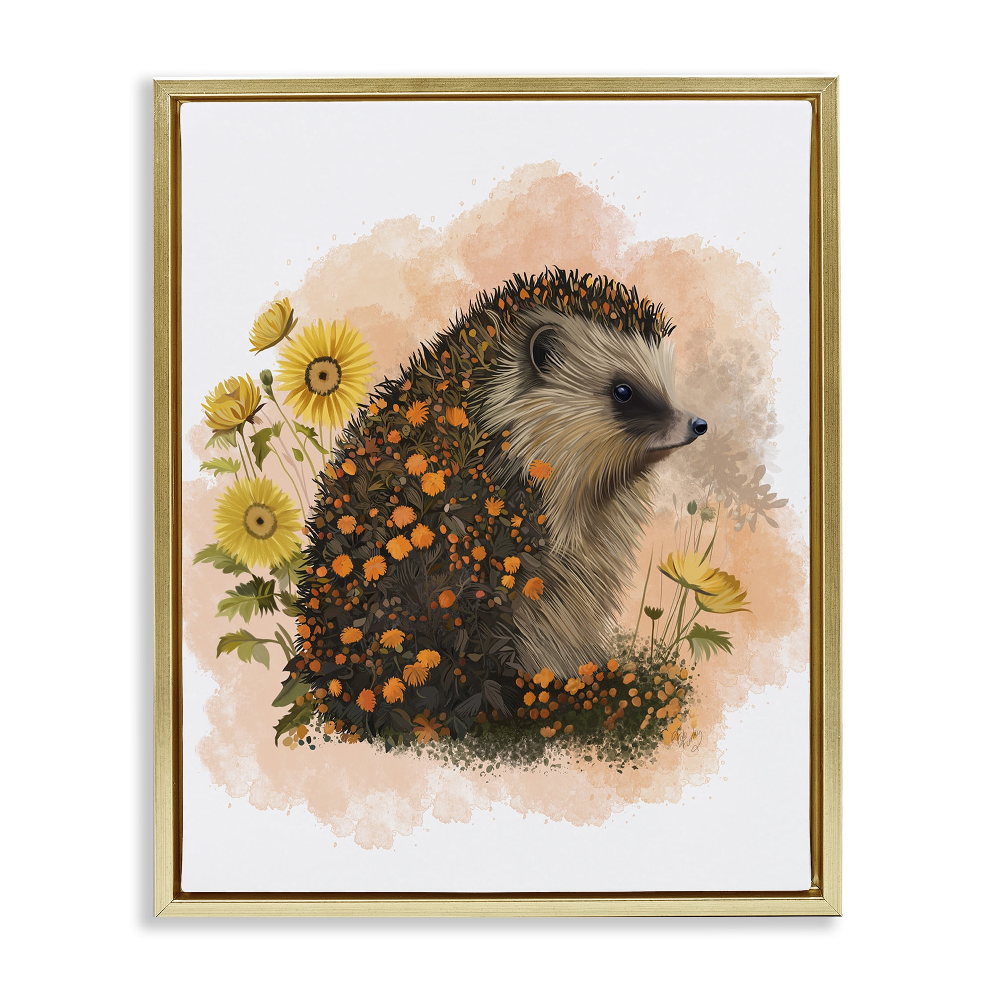 Stupell Industries Wildflower Patterned Hedgehog Animals & Insects Painting Gold Floater Framed Canvas Art Print Wall Art, 17 x 21