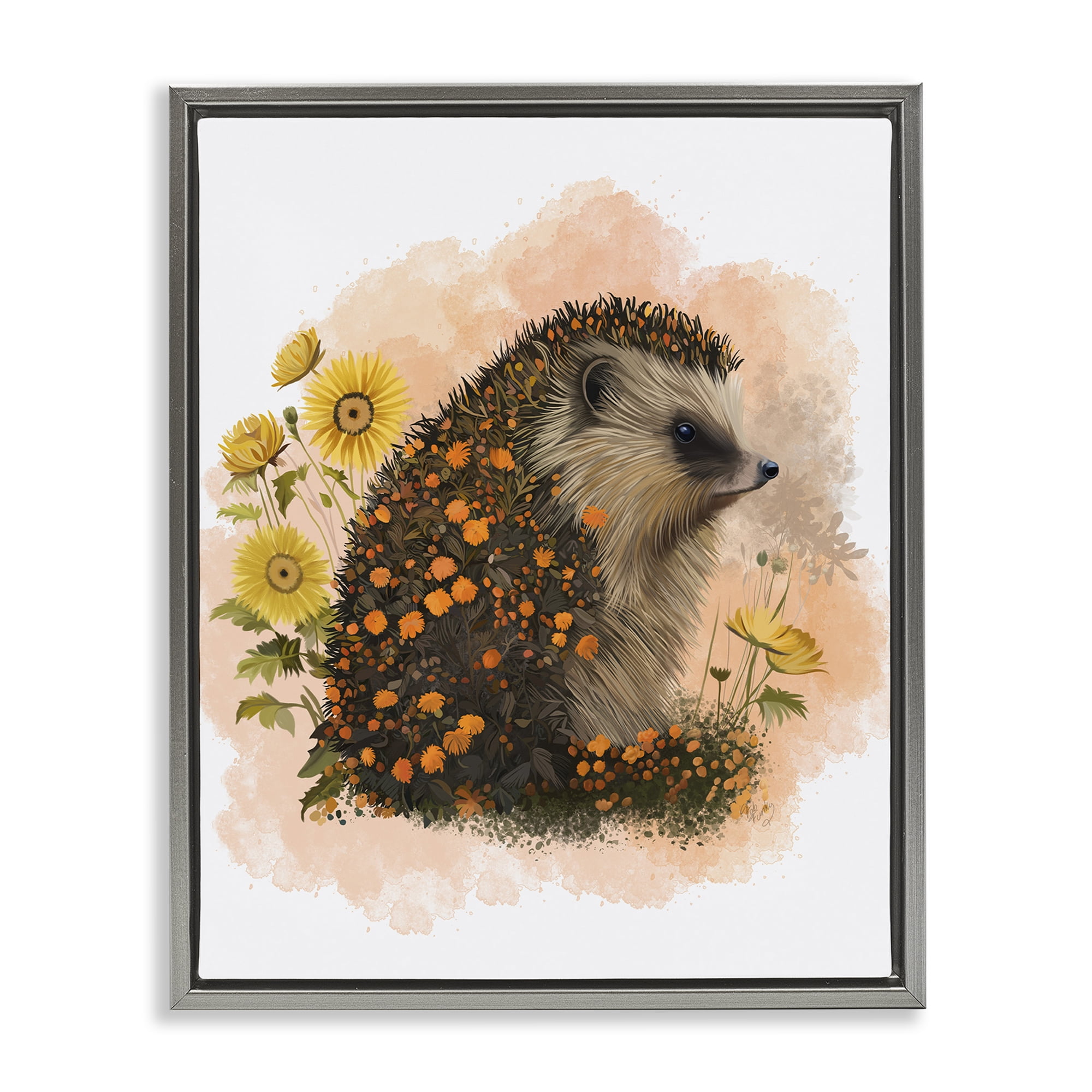 Stupell Industries Wildflower Patterned Hedgehog Animals & Insects Painting Gray Floater Framed Canvas Art Print Wall Art, 25 x 31