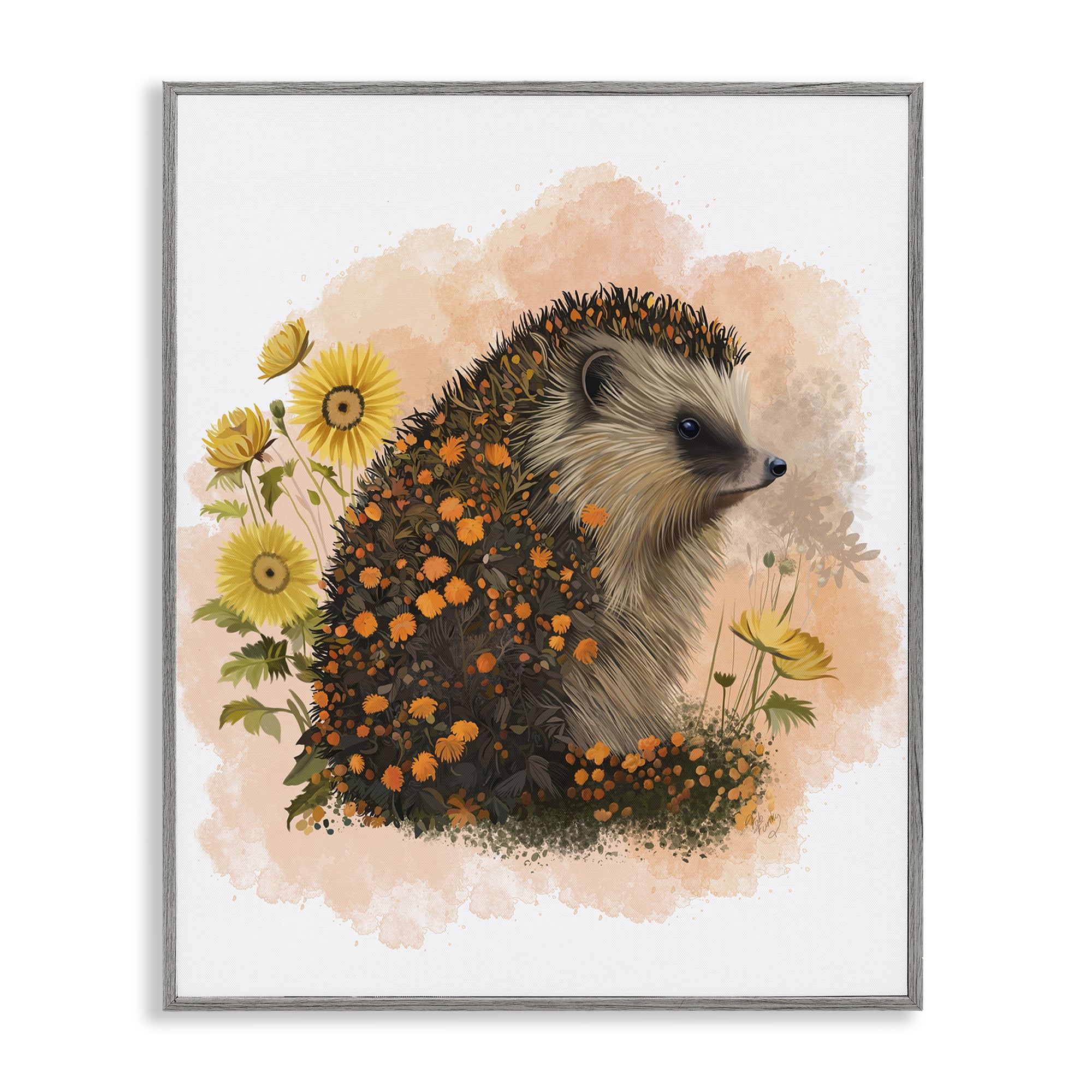 Stupell Industries Wildflower Patterned Hedgehog Animals & Insects Painting Gray Framed Art Print Wall Art, 11 x 14