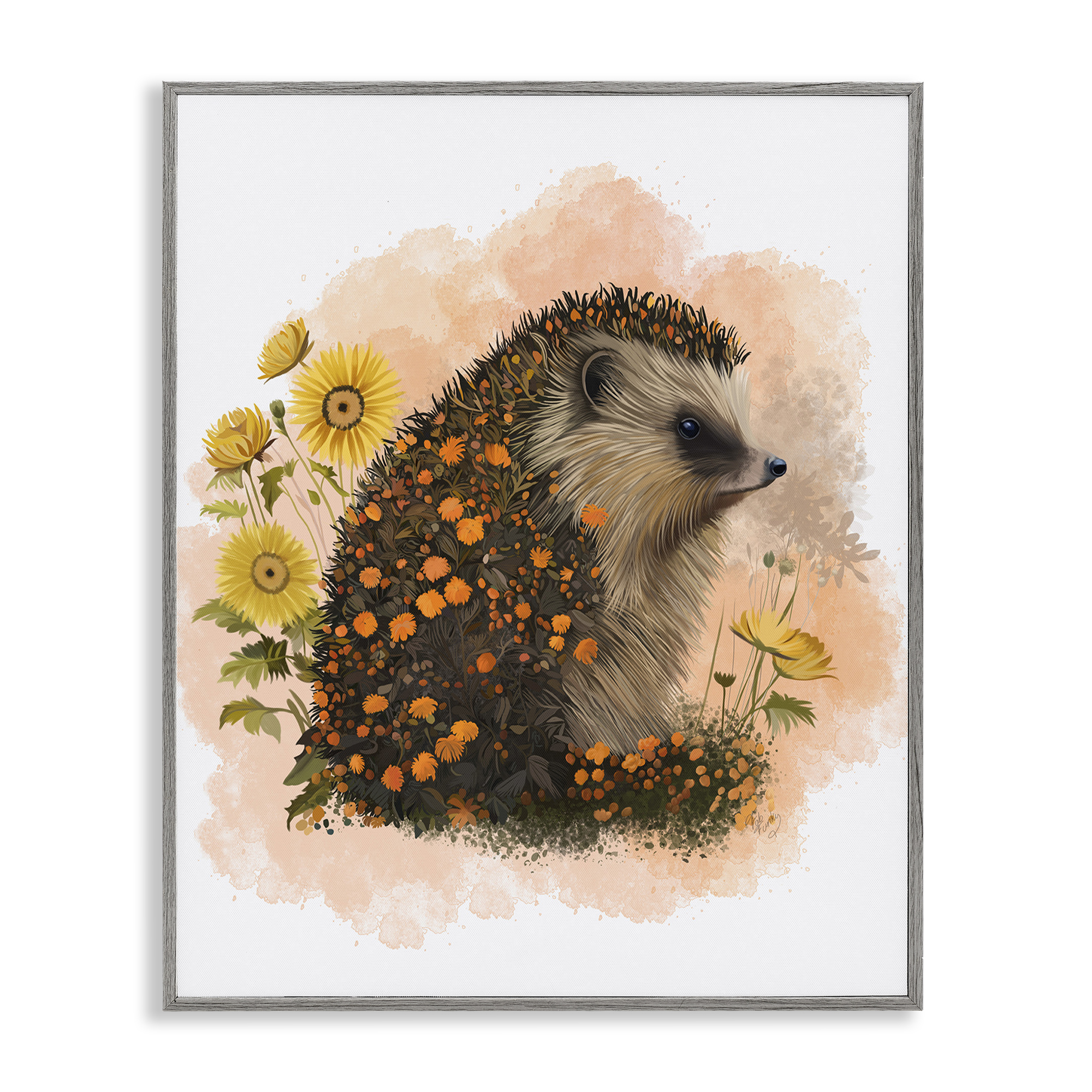 Stupell Industries Wildflower Patterned Hedgehog Animals & Insects Painting Gray Framed Art Print Wall Art, 16 x 20