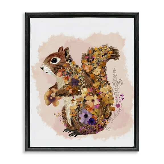 Stupell Industries Wildflower Patterned Squirrel Animals & Insects Painting Black Floater Framed Canvas Art Print Wall Art, 17 x 21