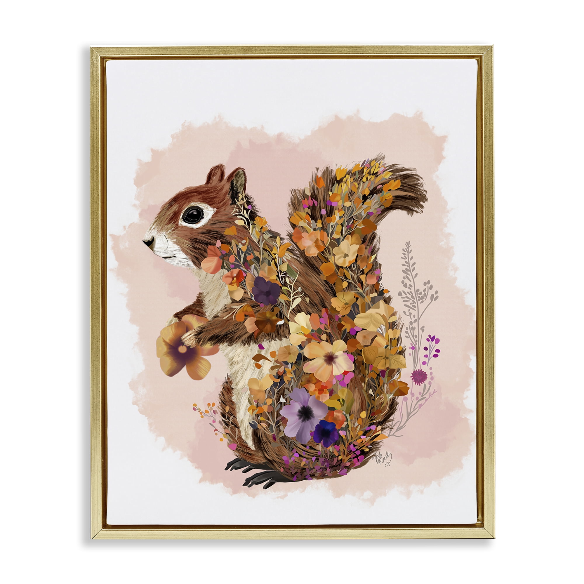 Stupell Industries Wildflower Patterned Squirrel Animals & Insects Painting Gold Floater Framed Canvas Art Print Wall Art, 25 x 31