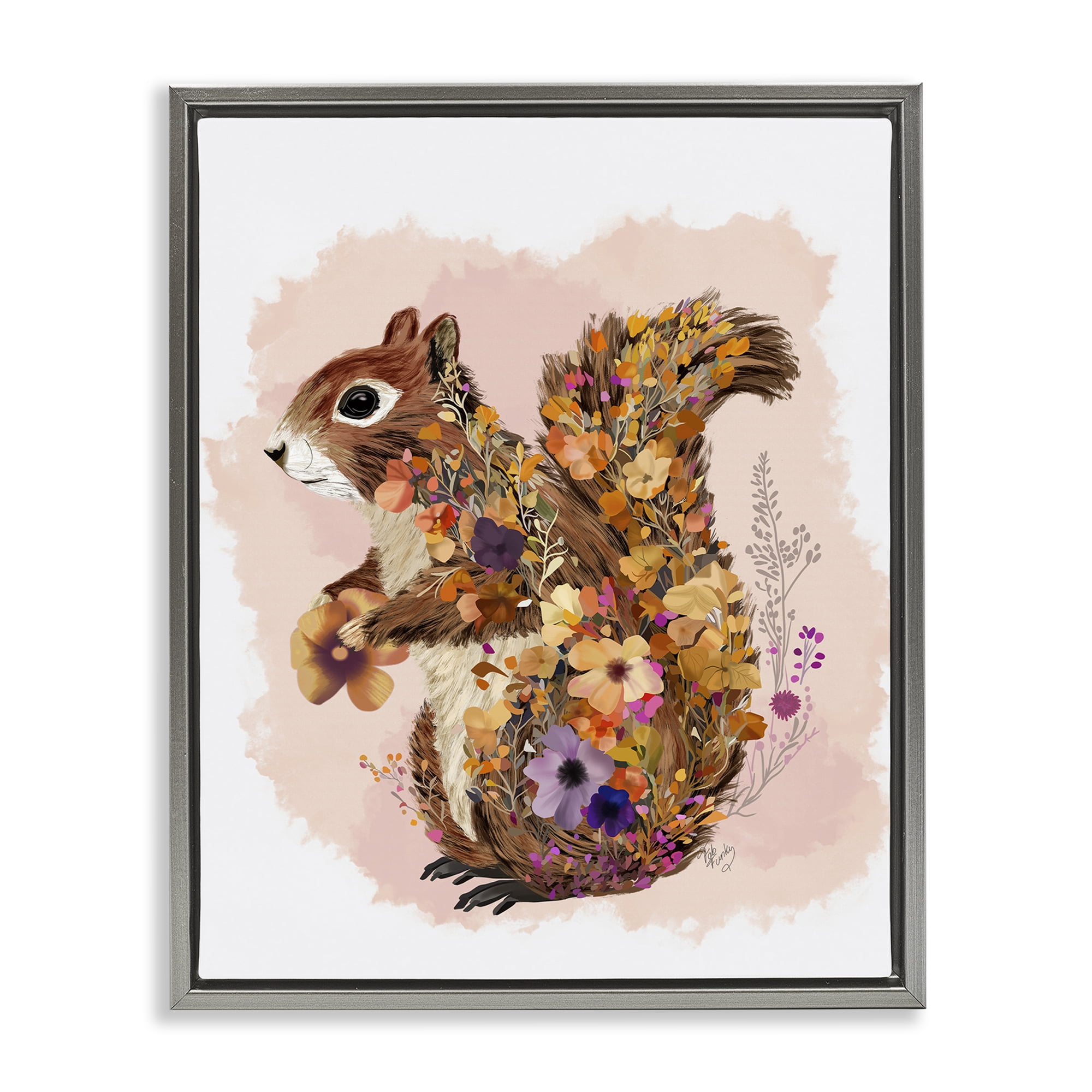 Stupell Industries Wildflower Patterned Squirrel Animals & Insects Painting Gray Floater Framed Canvas Art Print Wall Art, 17 x 21