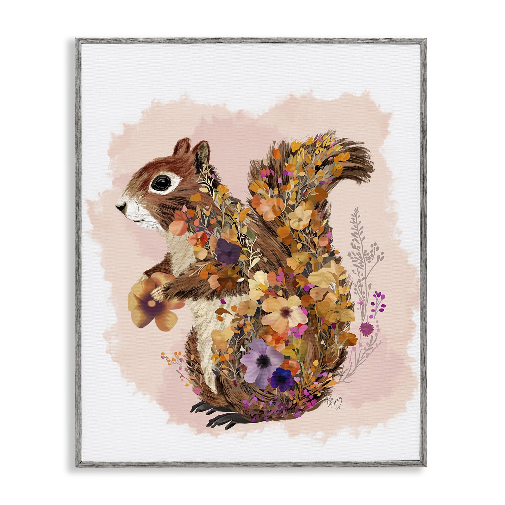 Stupell Industries Wildflower Patterned Squirrel Animals & Insects Painting Gray Framed Art Print Wall Art, 16 x 20