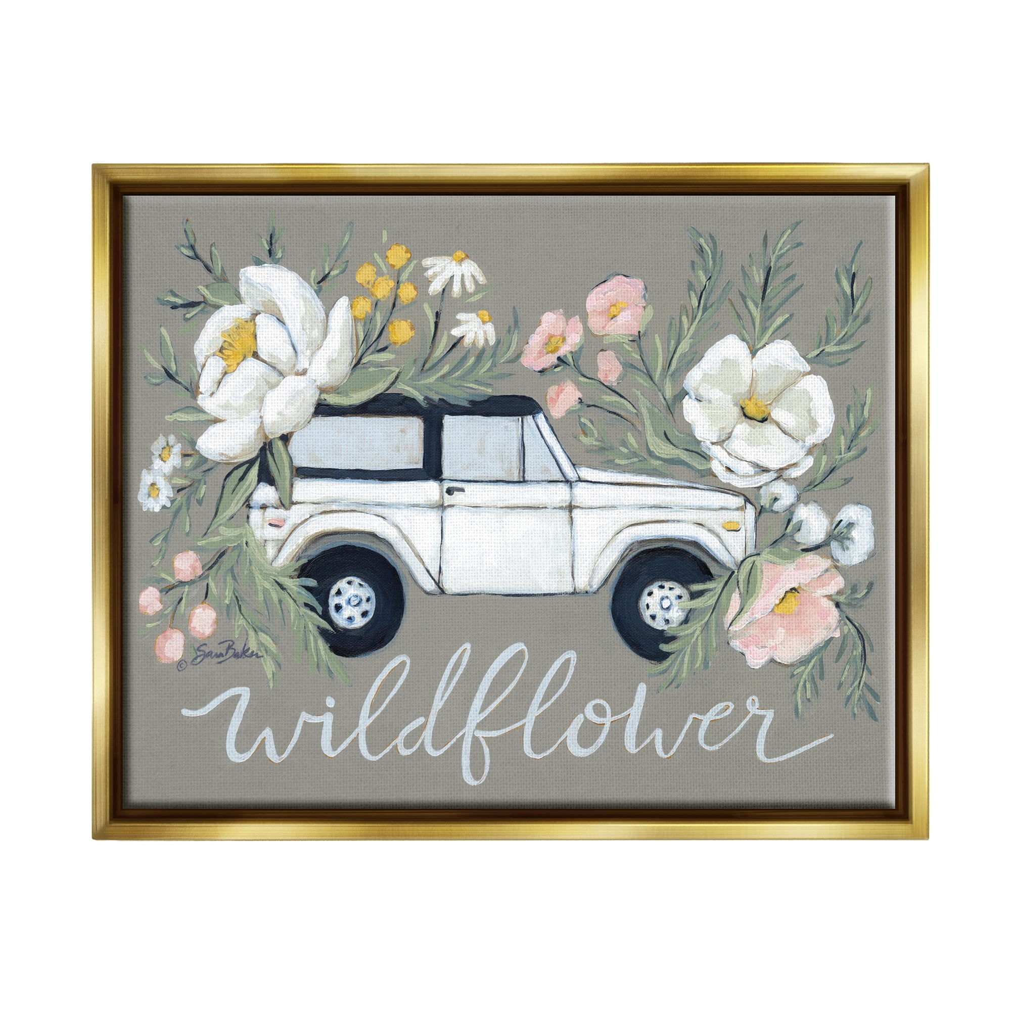 Stupell Industries Wildflower Phrase Floral Car Botanical & Floral Painting Gold Floater Framed Art Print Wall Art, 31 x 25