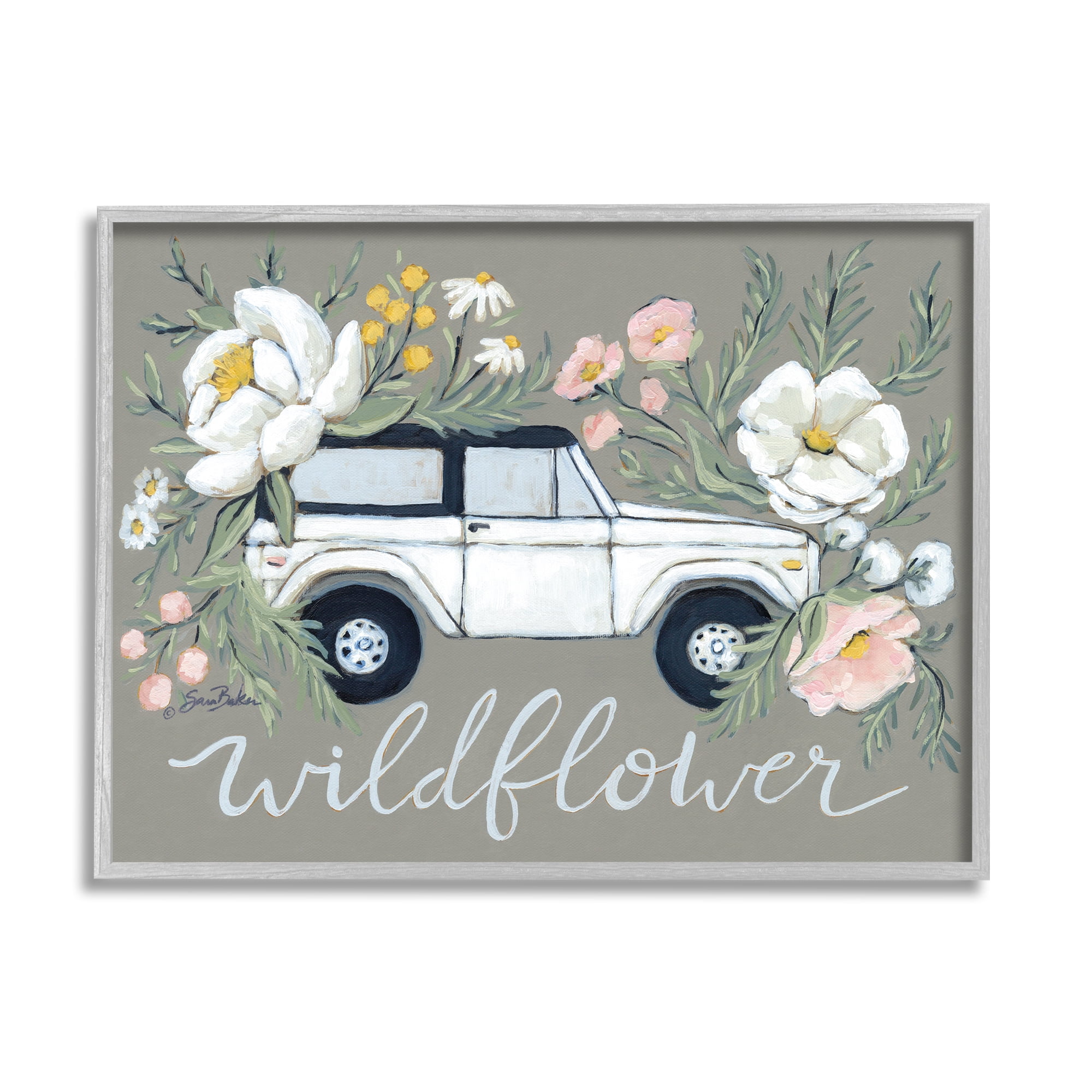 Stupell Industries Wildflower Phrase Floral Car Botanical & Floral Painting Gray Framed Art Print Wall Art, 30 x 24