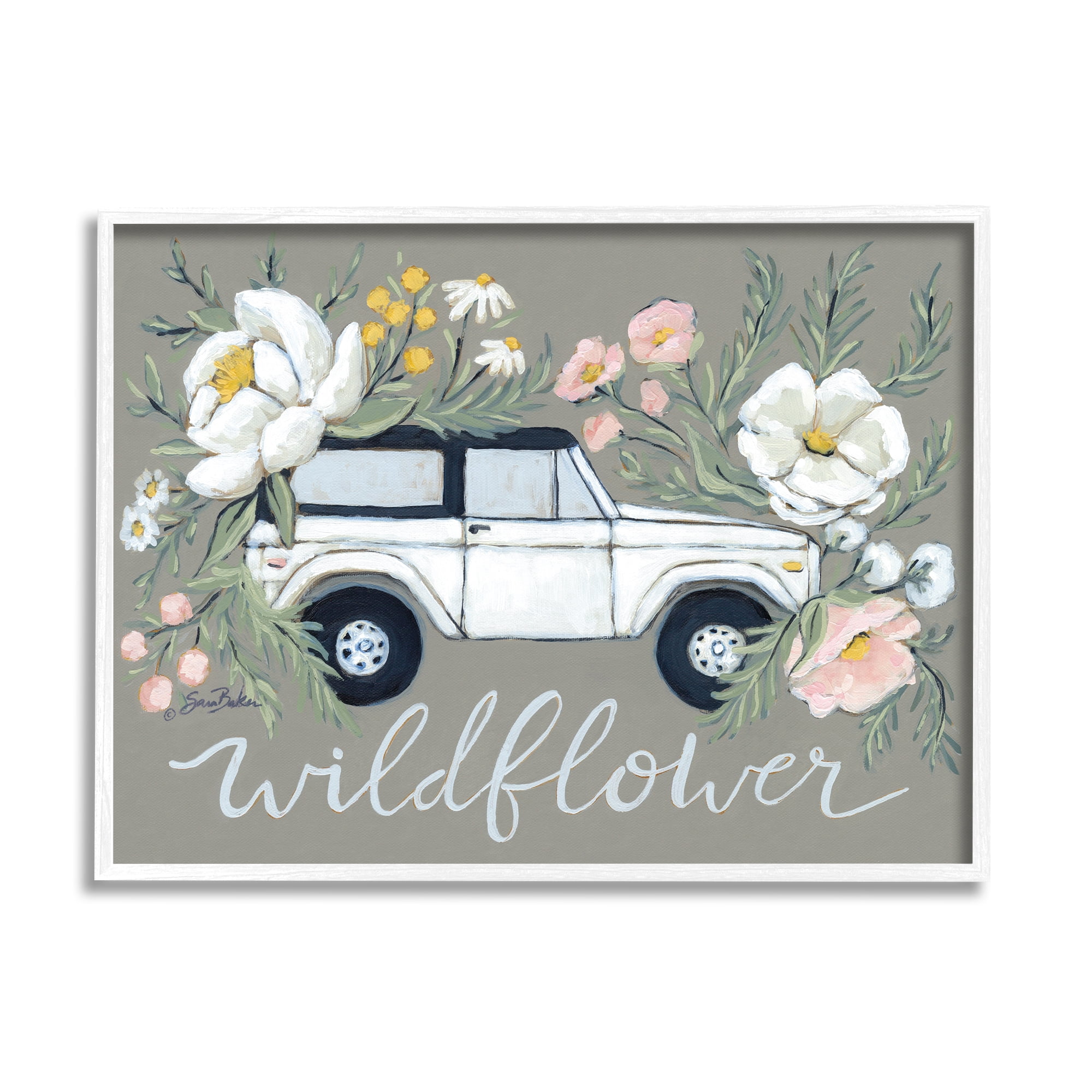 Stupell Industries Wildflower Phrase Floral Car Botanical & Floral Painting White Framed Art Print Wall Art, 14 x 11