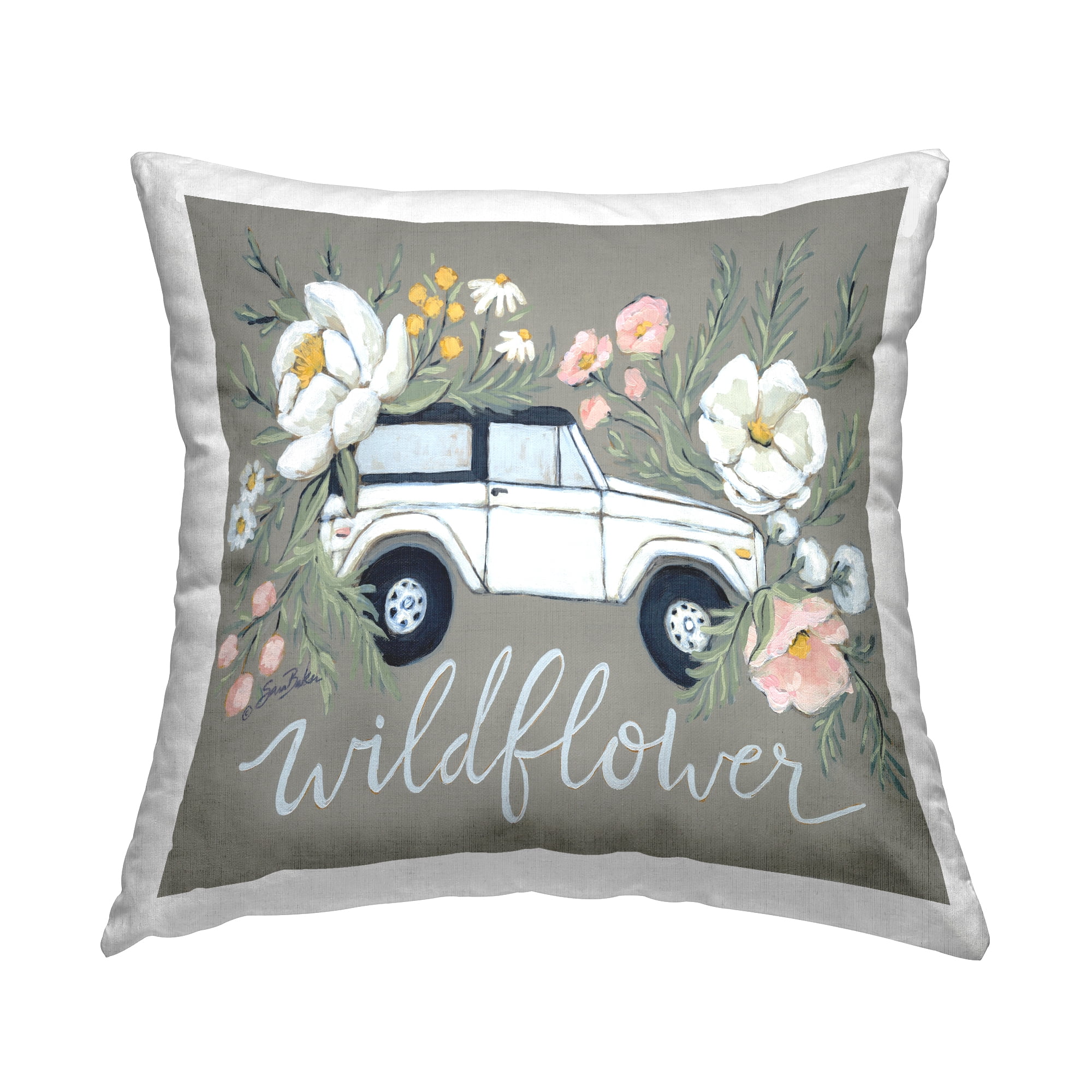Stupell Industries Wildflower Phrase Floral Truck Square Decorative Printed Throw Pillow, 18 x 18