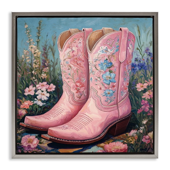 Stupell Industries Wildflower Pink Cowgirl Boots Gray Framed Floater Canvas Wall Art design by Heidi Kuntz, 25 x 25