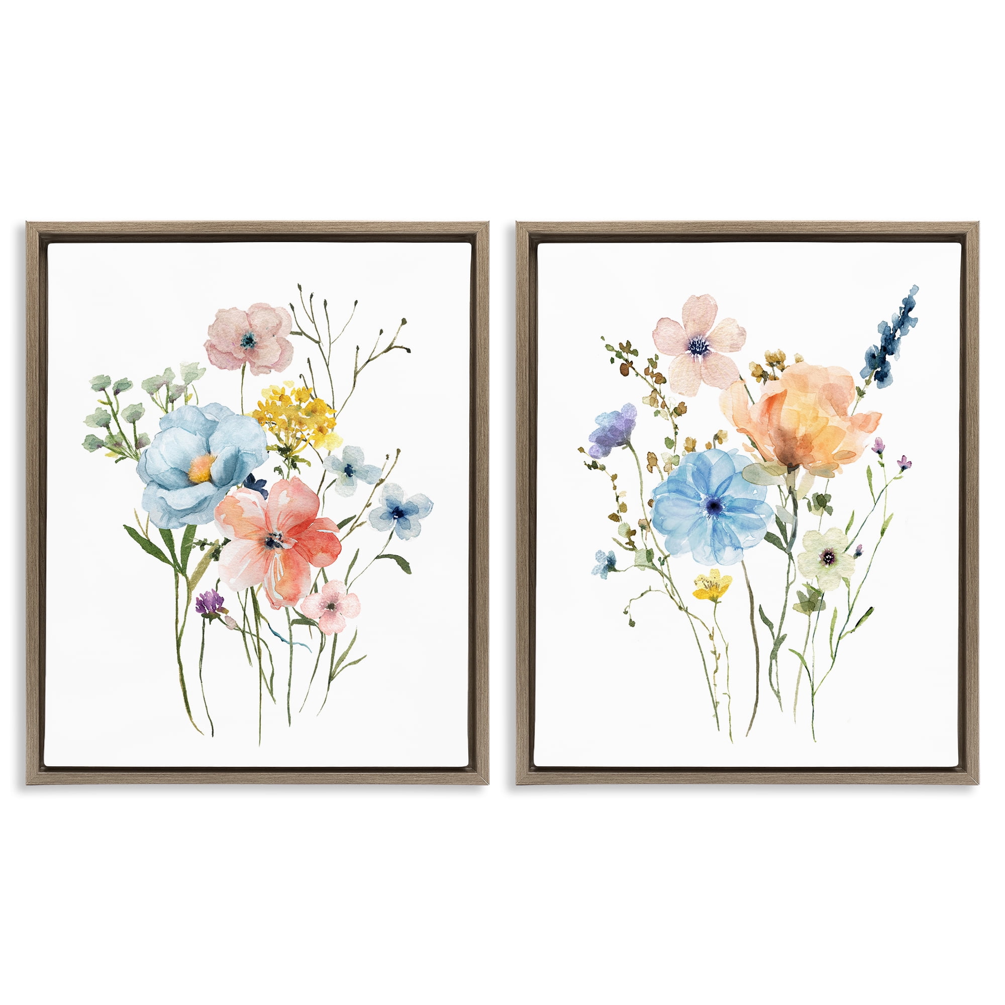 Stupell Industries Wildflower Sprig Bundles 2 Piece Brown Framed Floater Canvas Set, design by Livi Finn