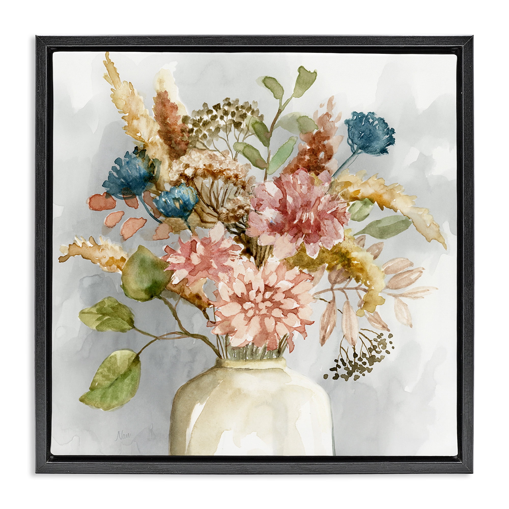 Stupell Industries Wildflower Watercolor Bouquet Botanical & Floral Painting Black Floater Framed Canvas Art Print Wall Art, 18 x 18