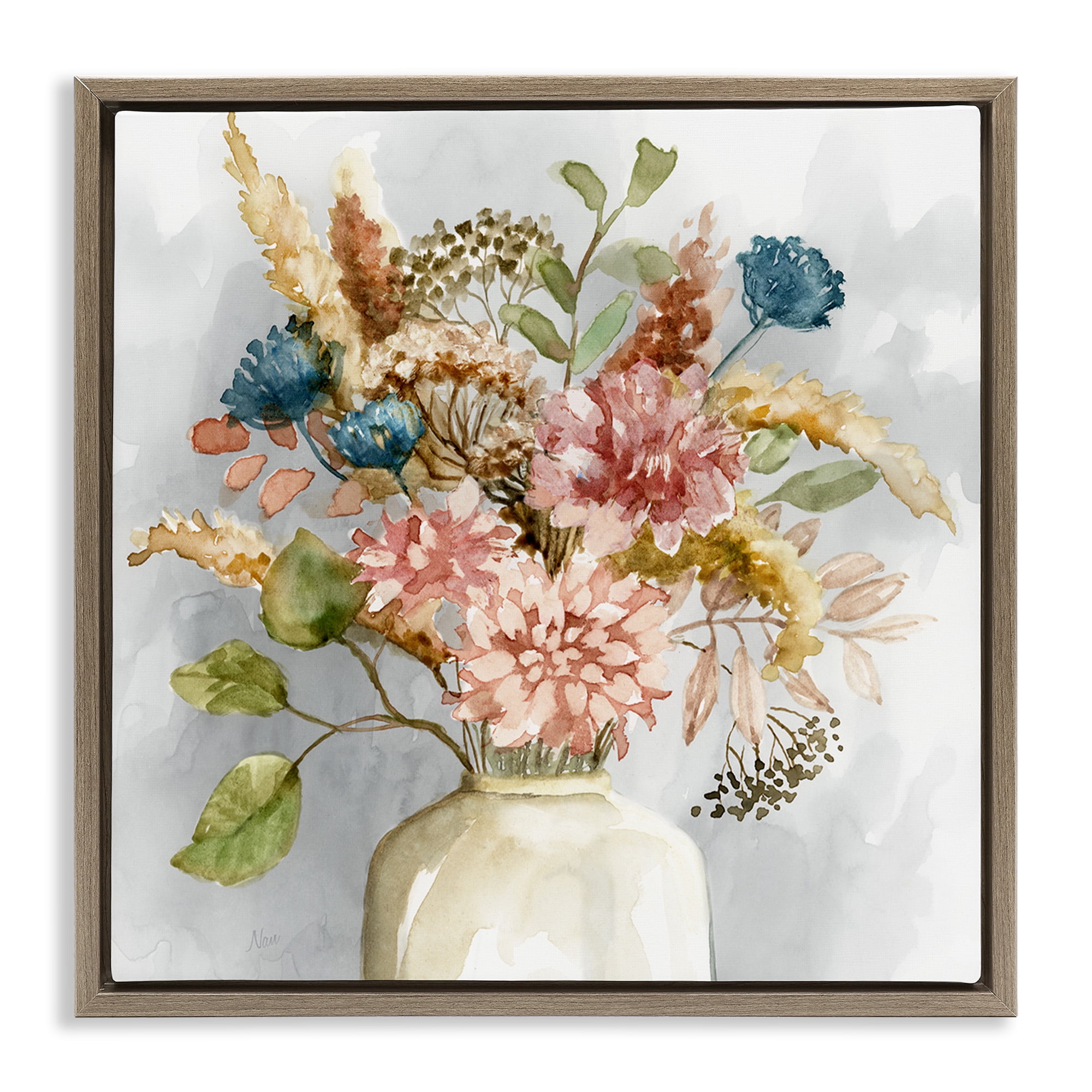 Stupell Industries Wildflower Watercolor Bouquet Botanical & Floral Painting Brown Floater Framed Canvas Art Print Wall Art, 18 x 18