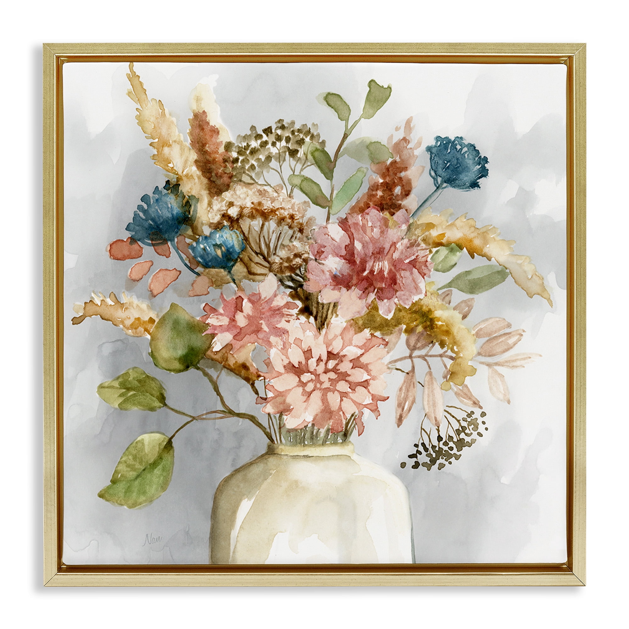 Stupell Industries Wildflower Watercolor Bouquet Botanical & Floral Painting Gold Floater Framed Canvas Art Print Wall Art, 25 x 25