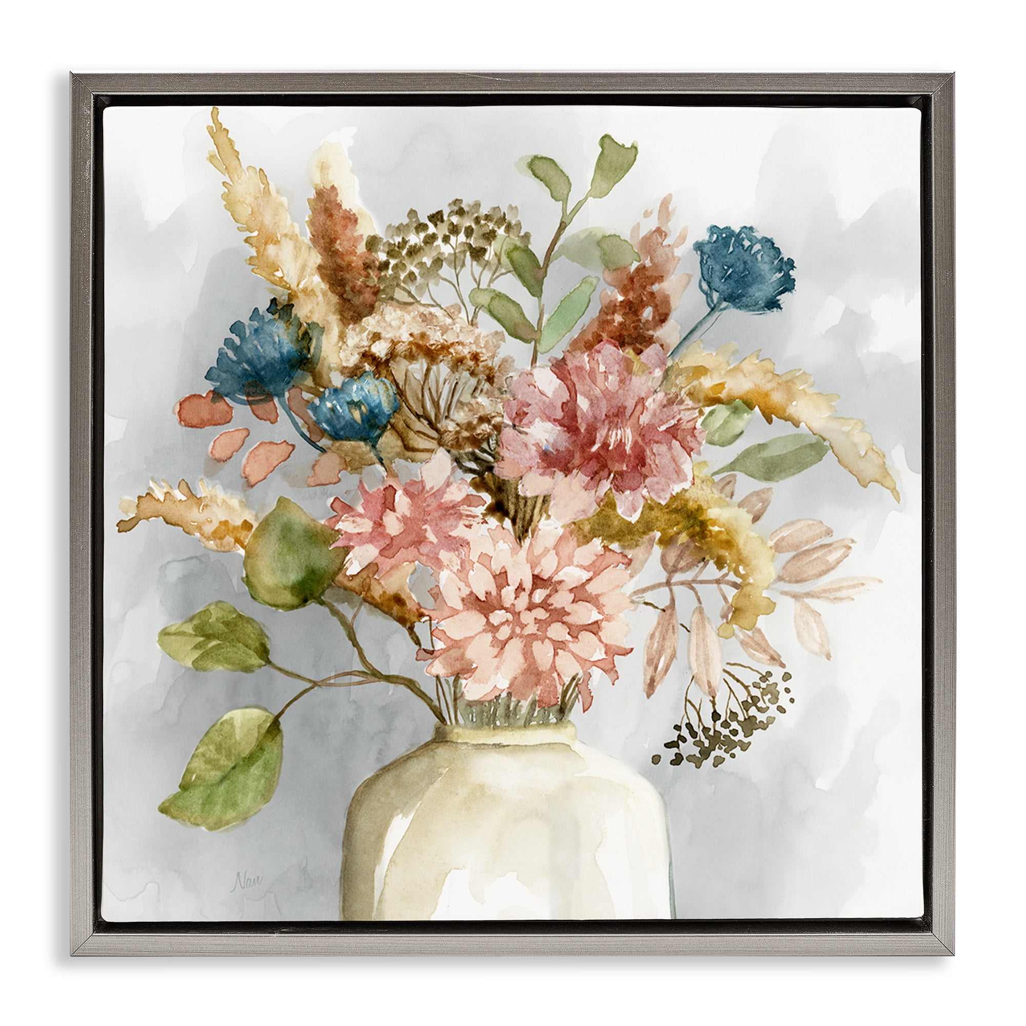 Stupell Industries Wildflower Watercolor Bouquet Botanical & Floral Painting Gray Floater Framed Canvas Art Print Wall Art, 25 x 25