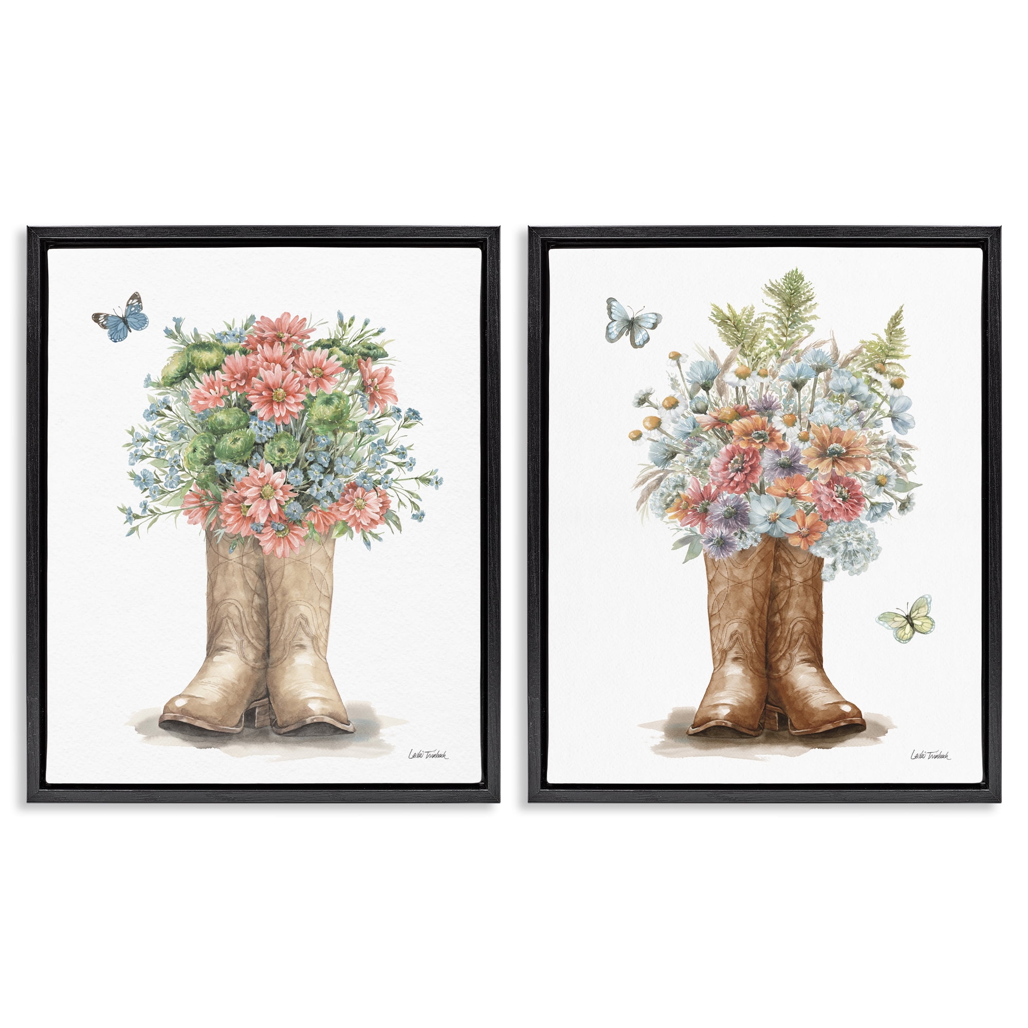 Stupell Industries Wildflower Western Boots Butterfly Plants & Flowers Painting Black Floater Framed Canvas Art Print Wall Art, 17 x 21, Set of 2