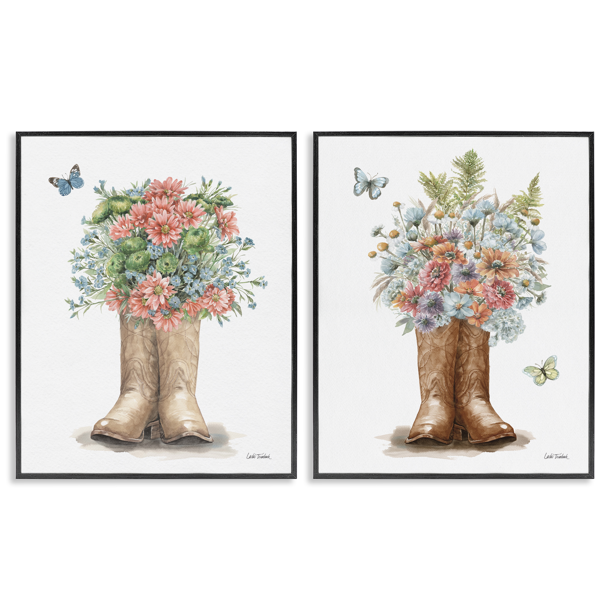 Stupell Industries Wildflower Western Boots Butterfly Plants & Flowers Painting Black Framed Art Print Wall Art, 11 x 14, Set of 2