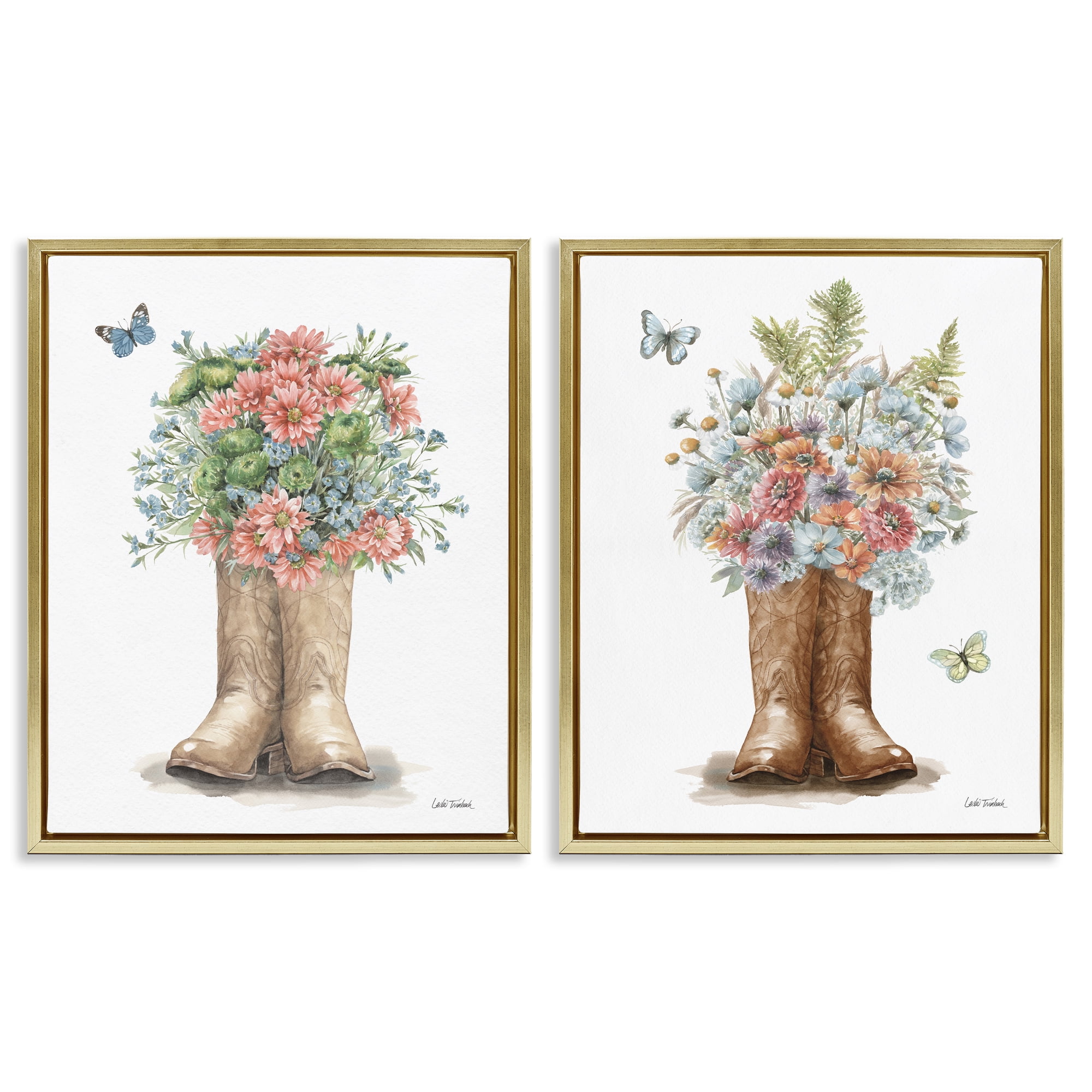 Stupell Industries Wildflower Western Boots Butterfly Plants & Flowers Painting Gold Floater Framed Canvas Art Print Wall Art, 31 x 25, Set of 2