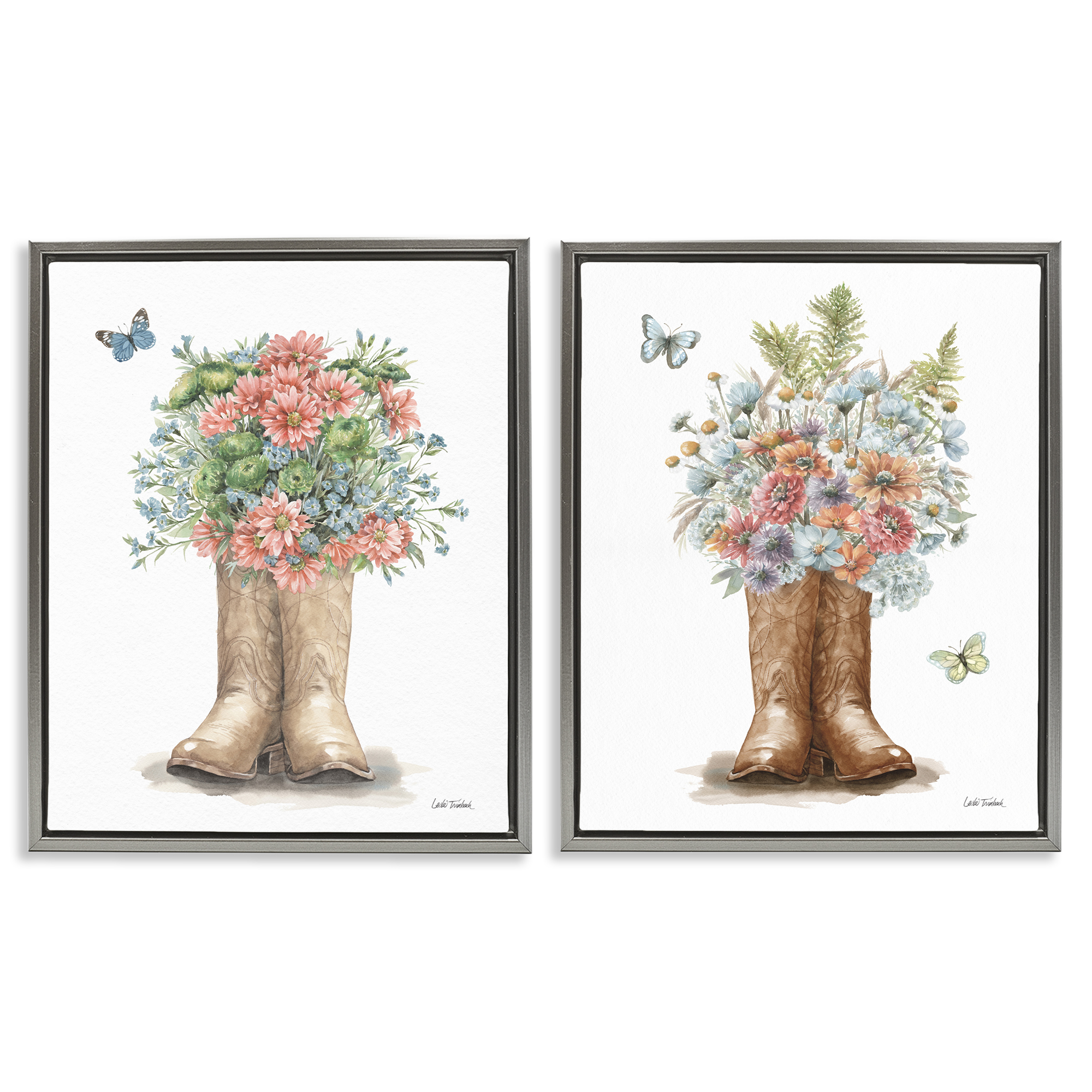 Stupell Industries Wildflower Western Boots Butterfly Plants & Flowers Painting Gray Floater Framed Canvas Art Print Wall Art, 31 x 25, Set of 2