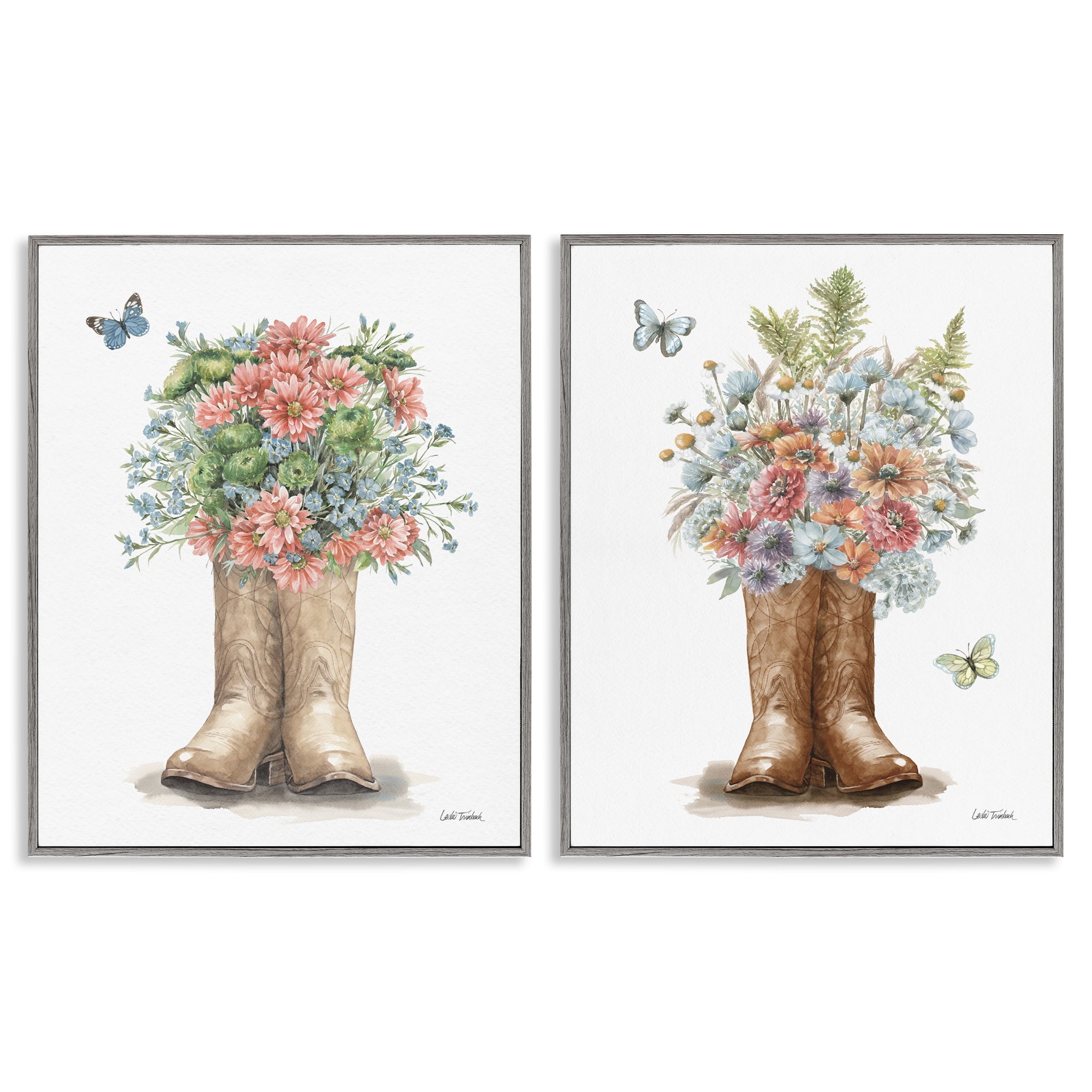 Stupell Industries Wildflower Western Boots Butterfly Plants & Flowers Painting Gray Framed Art Print Wall Art, 11 x 14, Set of 2