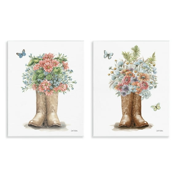 Stupell Industries Wildflower Western Boots Butterfly Plants & Flowers Painting Unframed Art Print Wall Art, 11 x 14, Set of 2