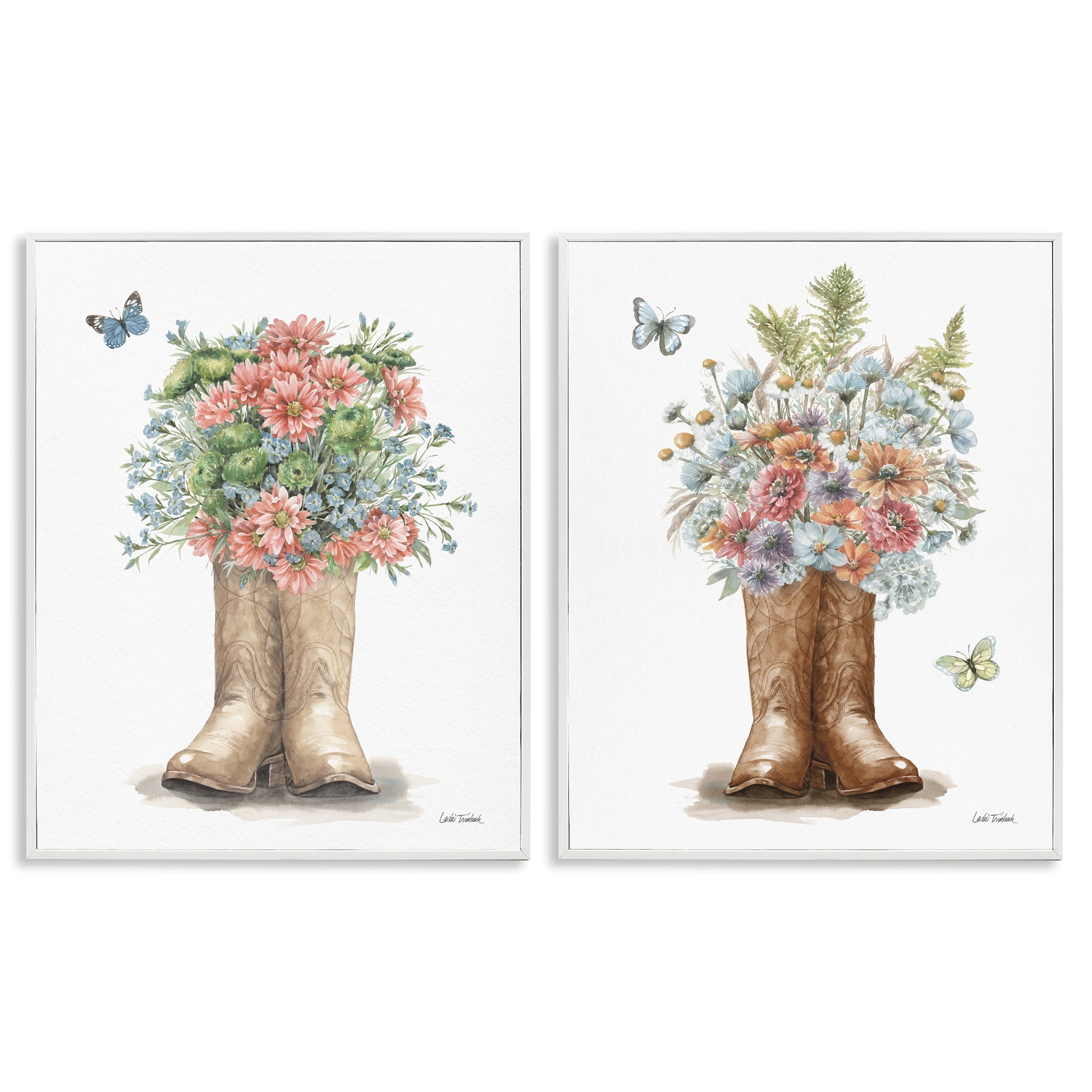 Stupell Industries Wildflower Western Boots Butterfly Plants & Flowers Painting White Framed Art Print Wall Art, 11 x 14, Set of 2