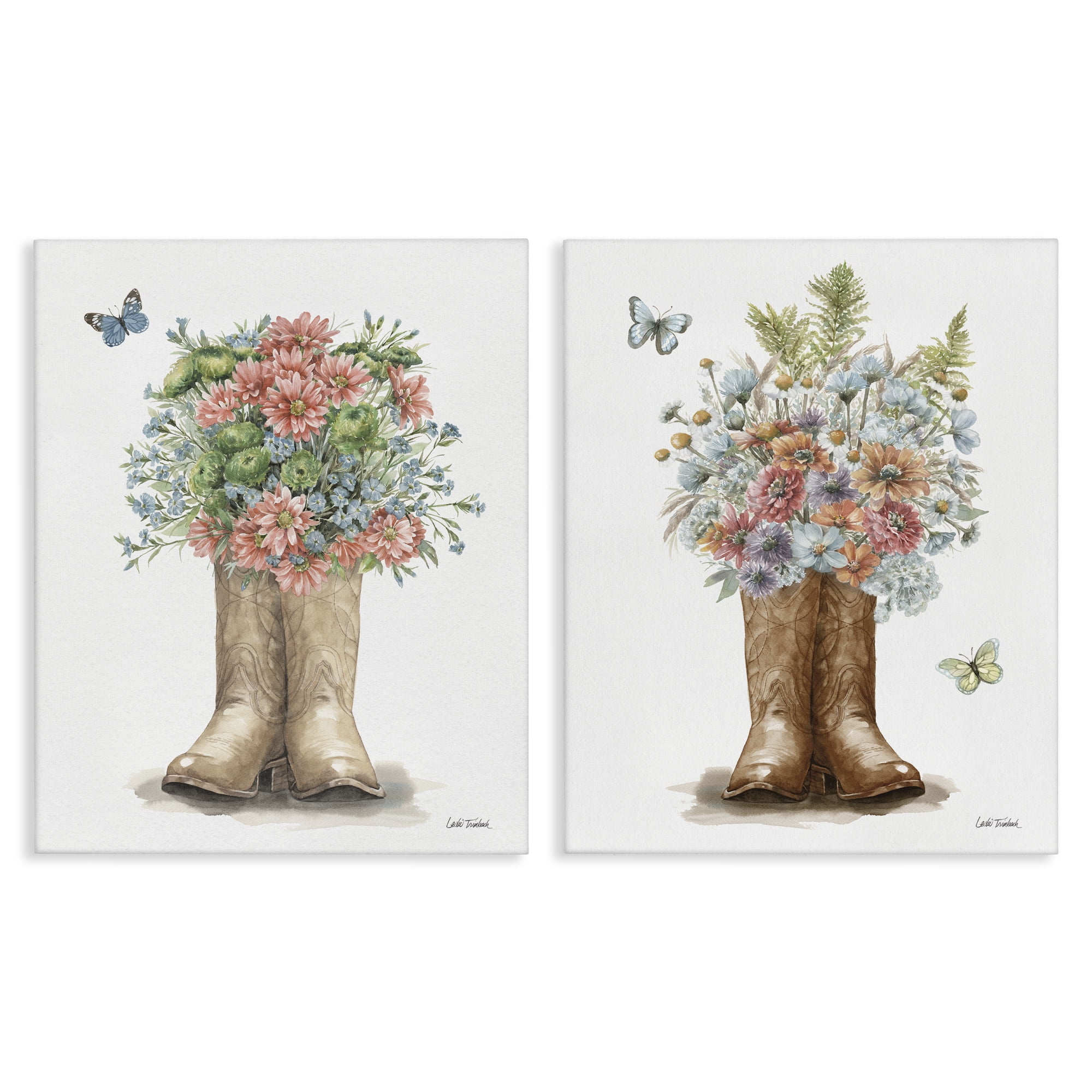 Stupell Industries Wildflower Western Boots Butterfly Plants & Flowers Painting Wrapped Canvas Art Print Wall Art, 16 x 20, Set of 2