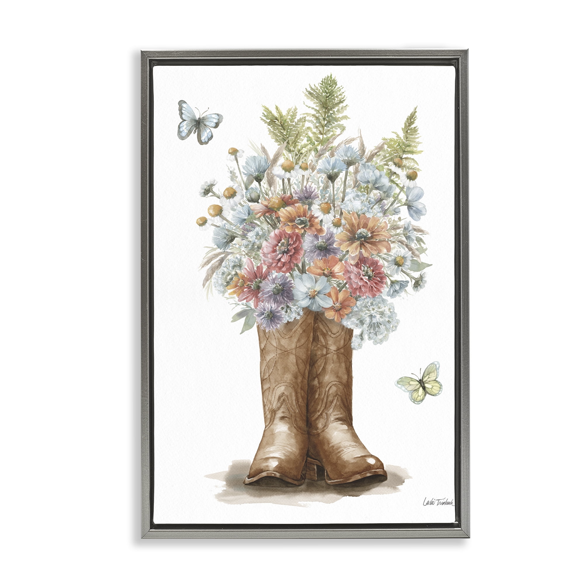 Stupell Industries Wildflower Western Bouquet Botanical & Floral Painting Gray Floater Framed Canvas Art Print Wall Art, 21 x 31