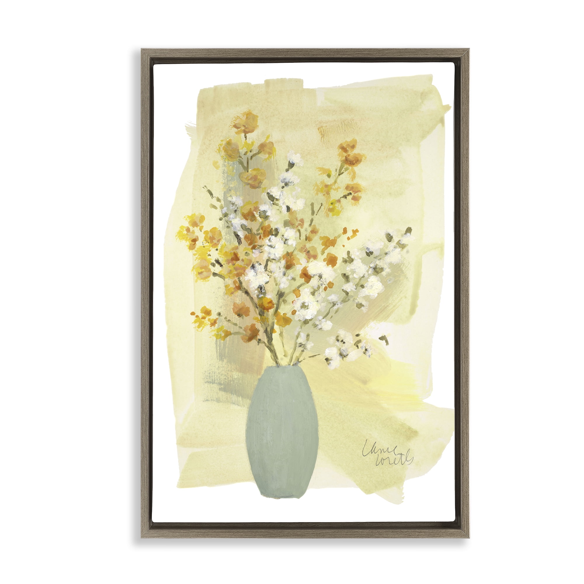 Stupell Industries Wildflowers Bloom Blue Vase Floral & Botanical Painting Brown Floater Framed Canvas Art Print Wall Art, 17 x 25