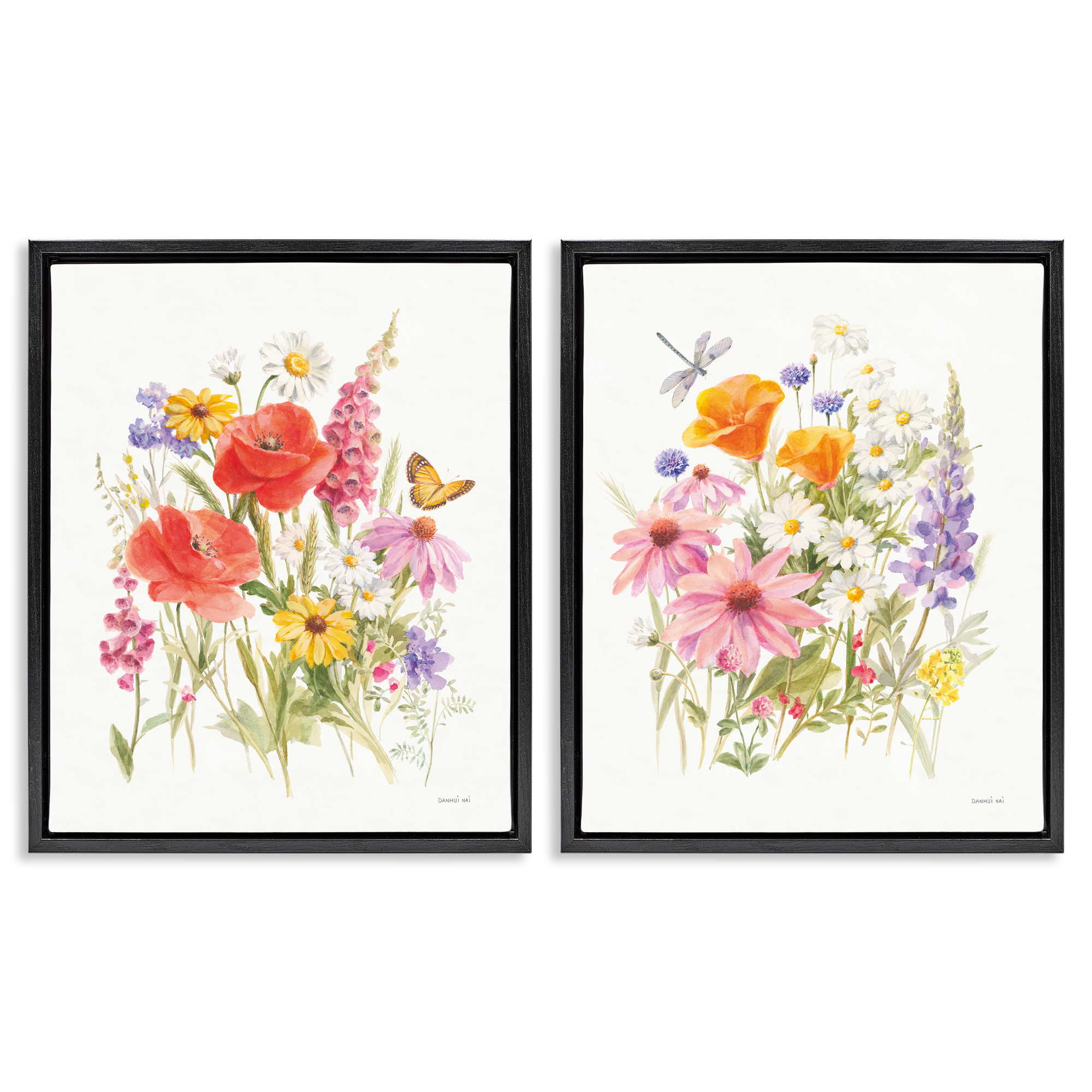 Stupell Industries Wildflowers in Bloom Insects Plants & Flowers Painting Black Floater Framed Canvas Art Print Wall Art, 17 x 21, Set of 2