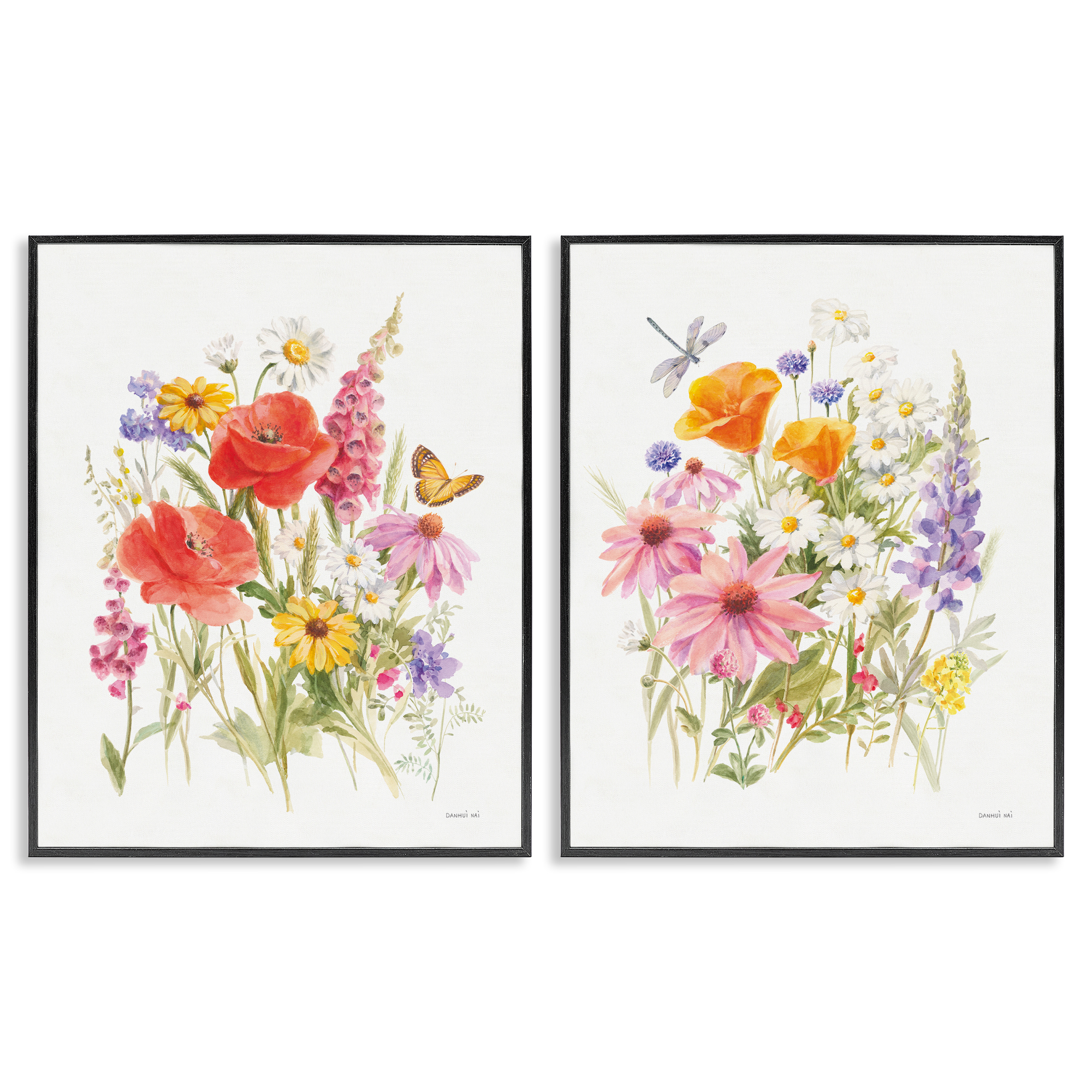 Stupell Industries Wildflowers in Bloom Insects Plants & Flowers Painting Black Framed Art Print Wall Art, 16 x 20, Set of 2