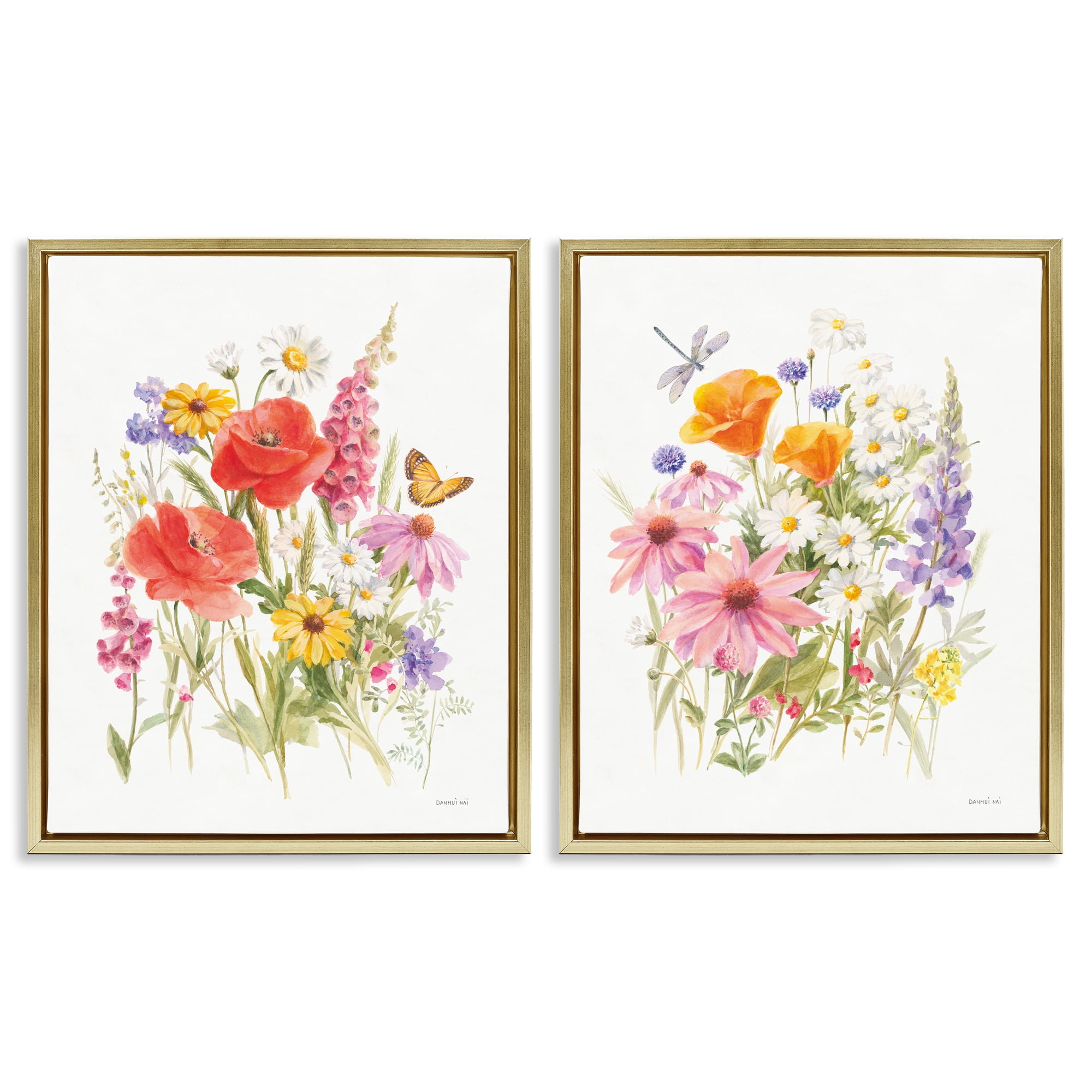 Stupell Industries Wildflowers in Bloom Insects Plants & Flowers Painting Gold Floater Framed Canvas Art Print Wall Art, 31 x 25, Set of 2