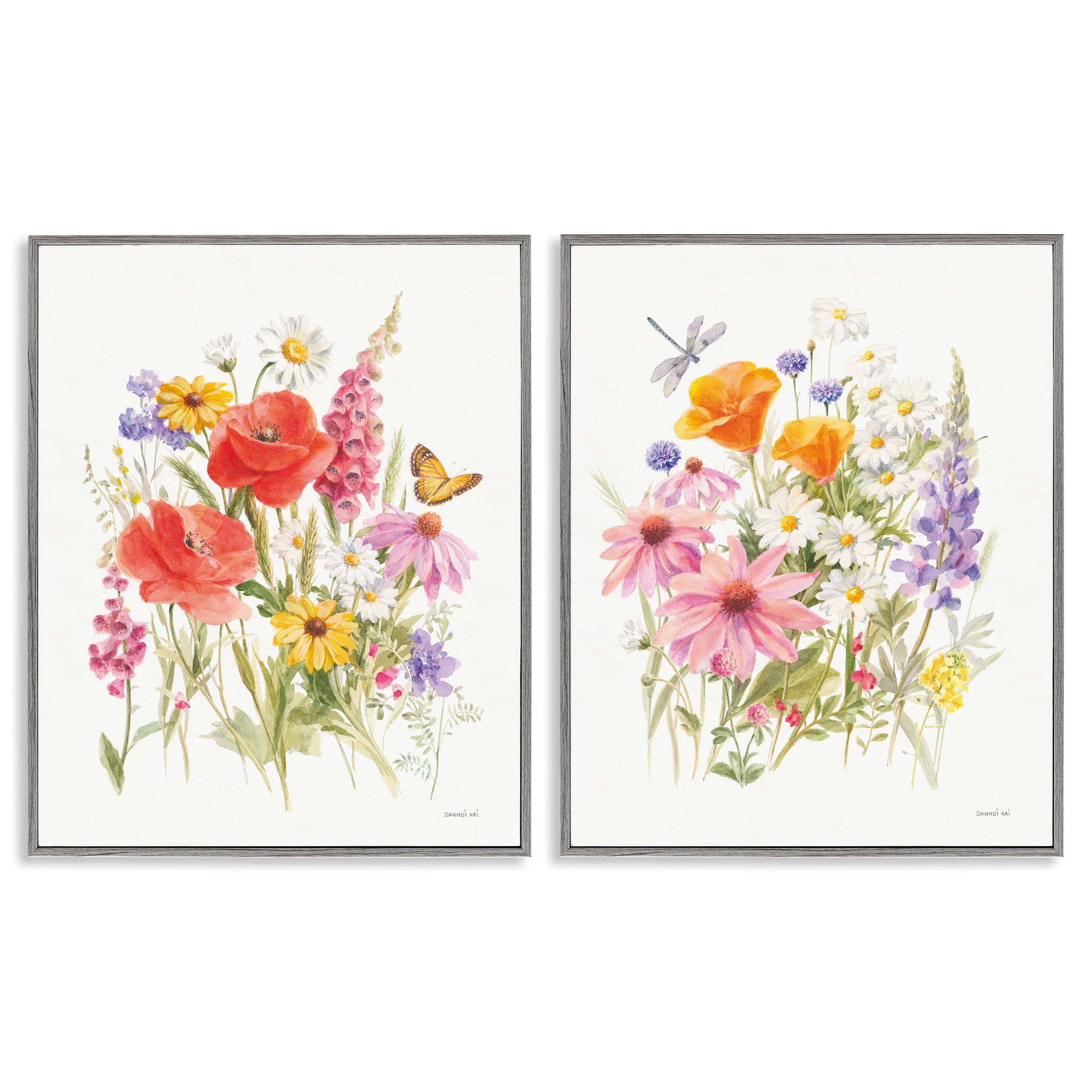 Stupell Industries Wildflowers in Bloom Insects Plants & Flowers Painting Gray Framed Art Print Wall Art, 24 x 30, Set of 2