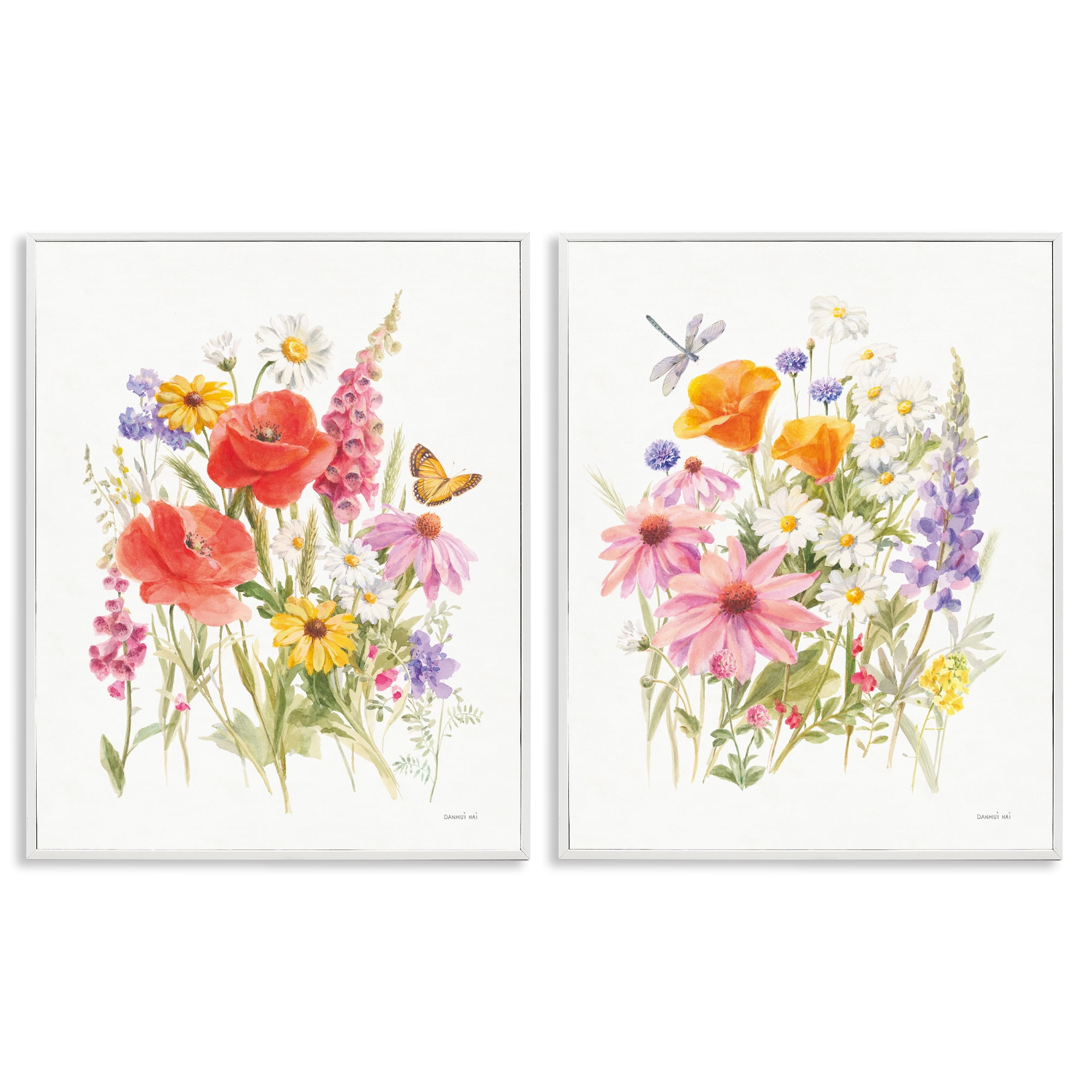 Stupell Industries Wildflowers in Bloom Insects Plants & Flowers Painting White Framed Art Print Wall Art, 11 x 14, Set of 2