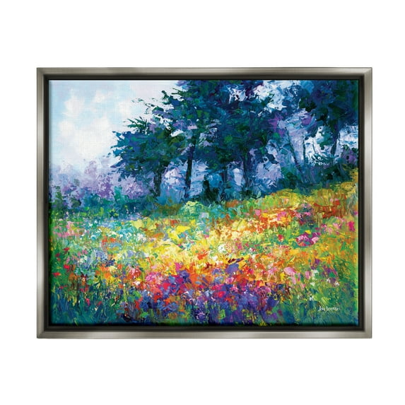 Stupell Industries Wildflowers in Bloom Meadow Landscape Painting Gray Floater Framed Canvas Art Print Wall Art, 21 x 17