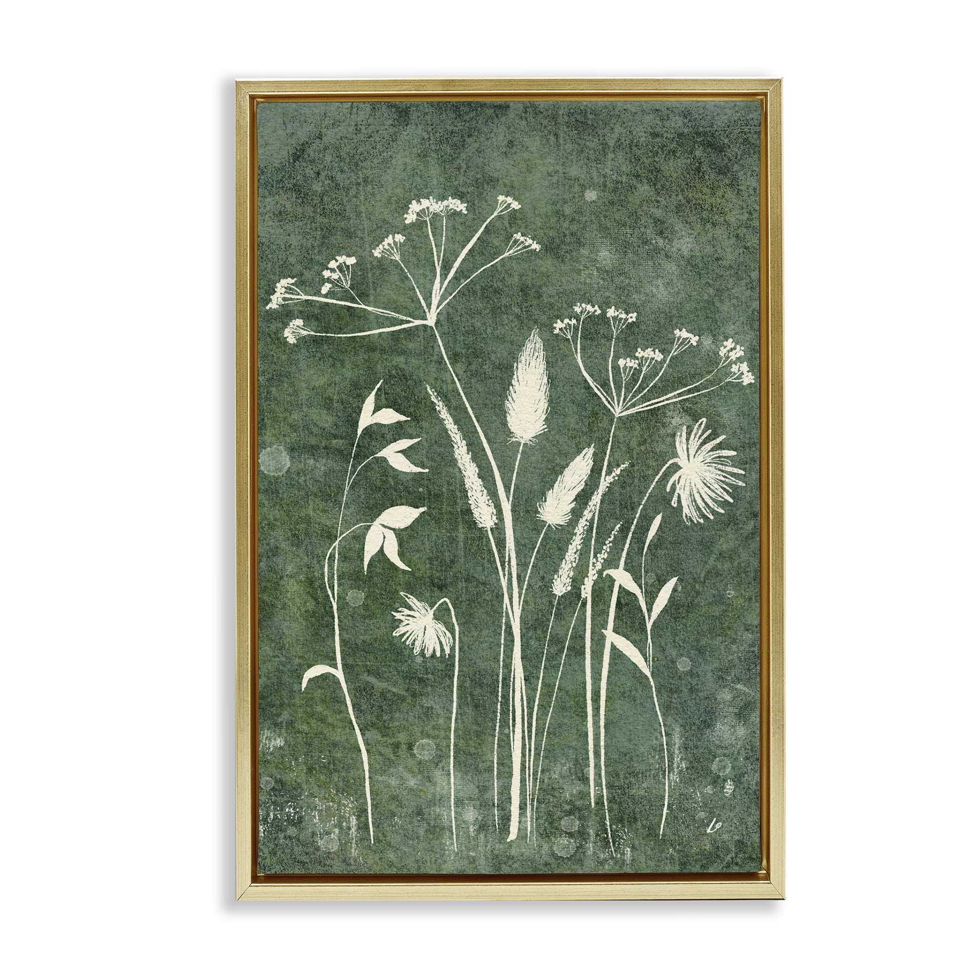 Stupell Industries Wildflowers on Rustic Green Plants & Flowers Painting Gold Floater Framed Canvas Art Print Wall Art, 17 x 25