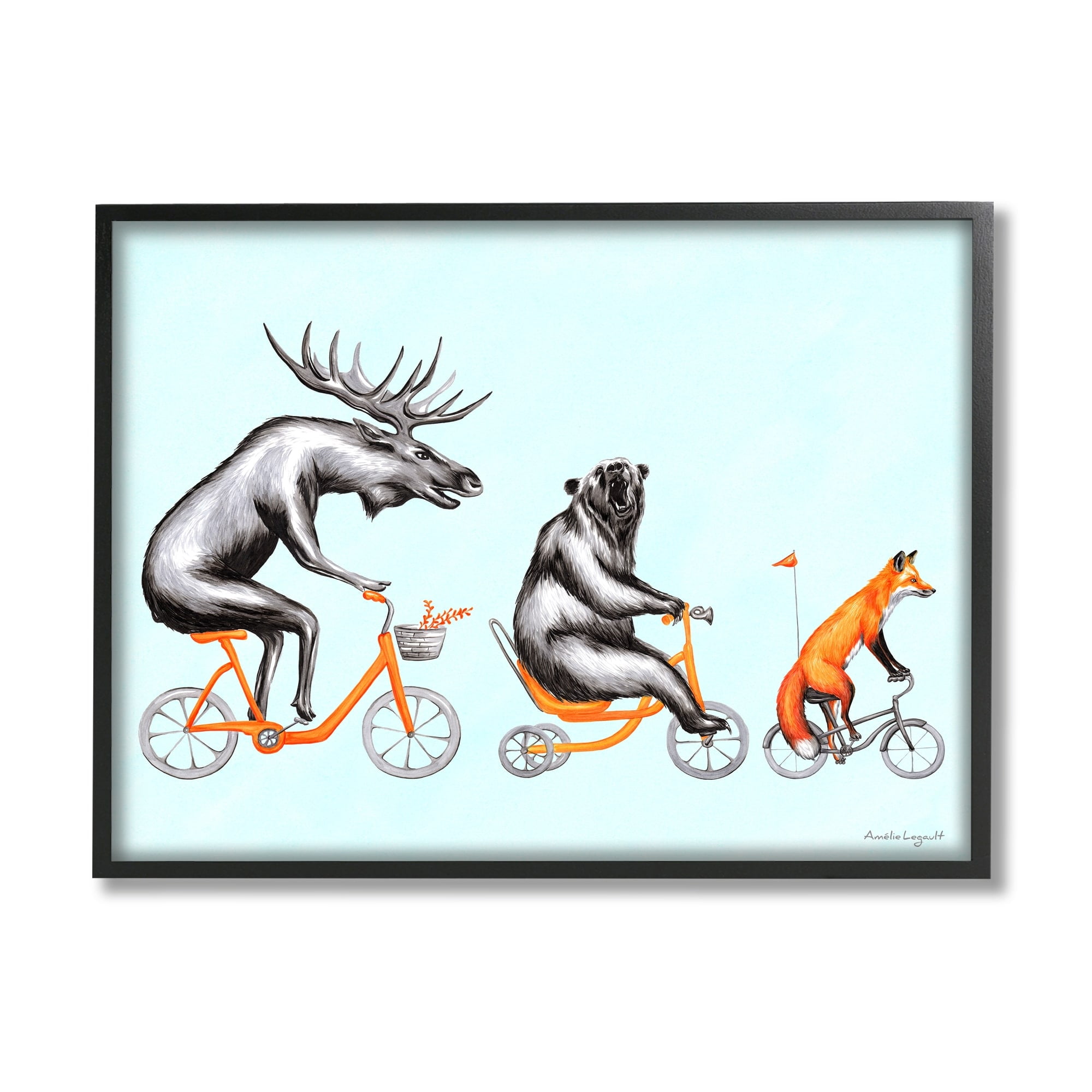 Stupell Industries Wildlife Animals Riding Bikes Moose Bear Fox Graphic Art Black Framed Art Print Wall Art, Design by Amelie Legault