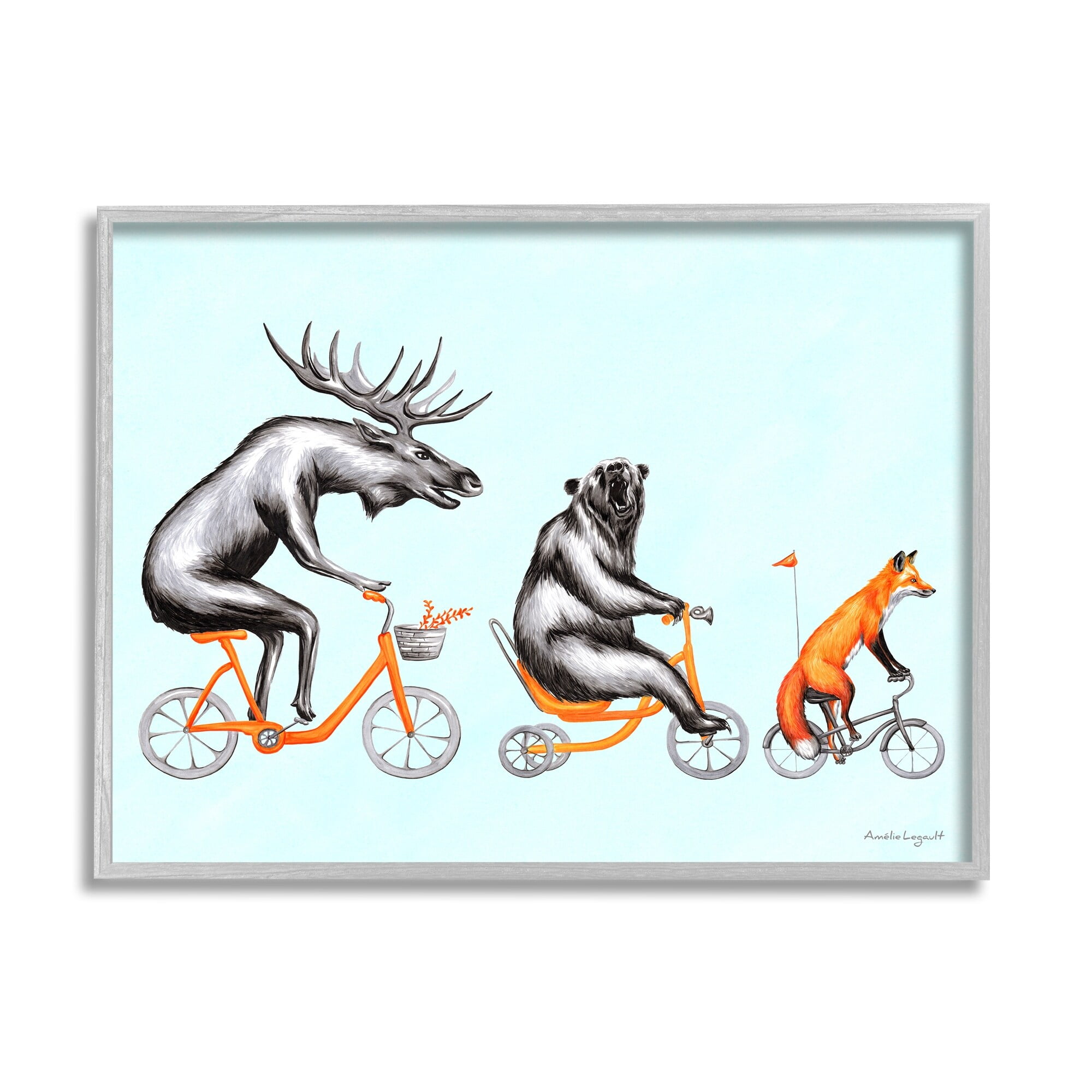 Stupell Industries Wildlife Animals Riding Bikes Moose Bear Fox Graphic Art Gray Framed Art Print Wall Art, Design by Amelie Legault