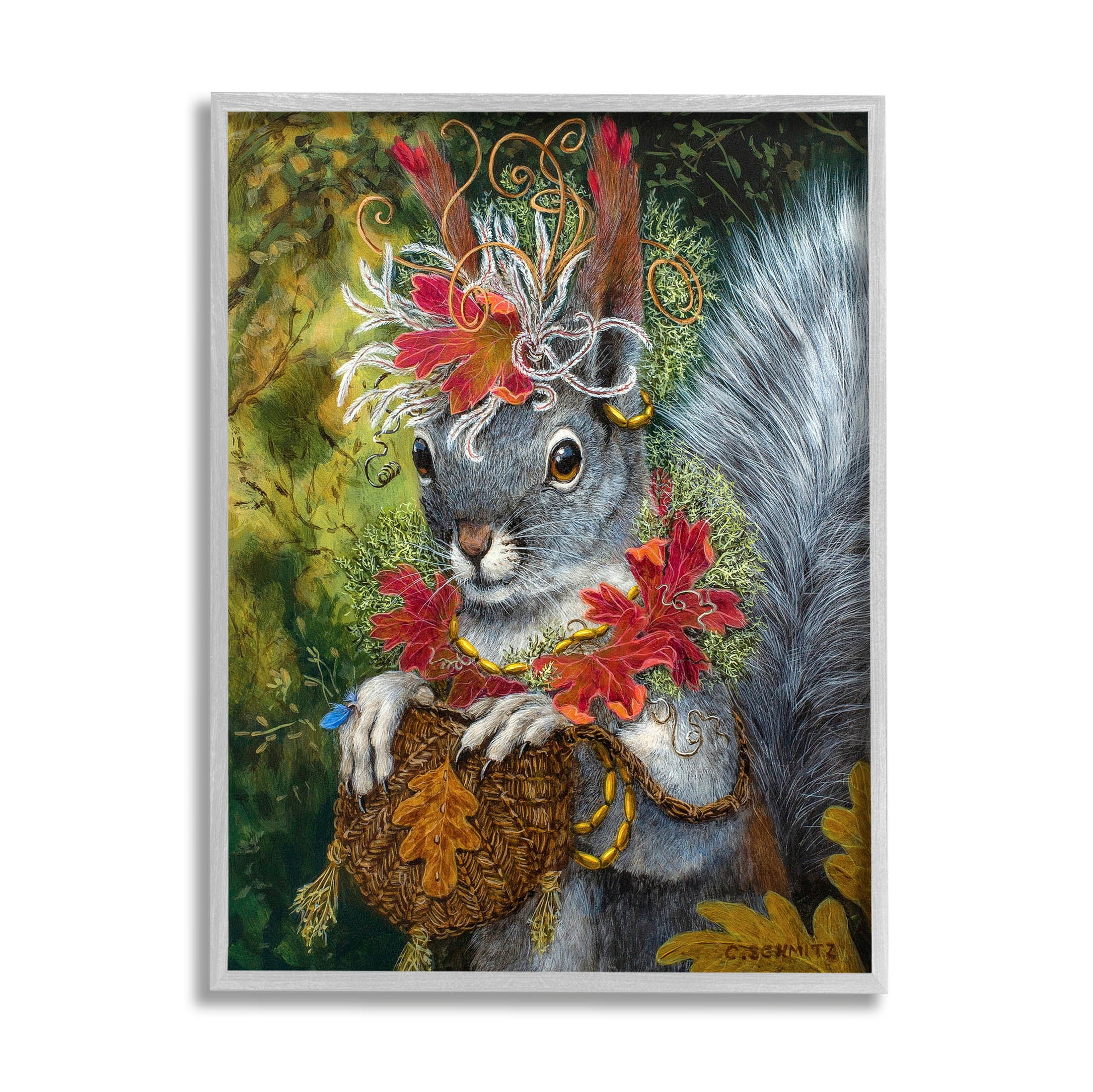 Stupell Industries Wildlife Botanical Squirrel Painting Gray Framed Art Print Wall Art, Design by Carolyn Schmitz