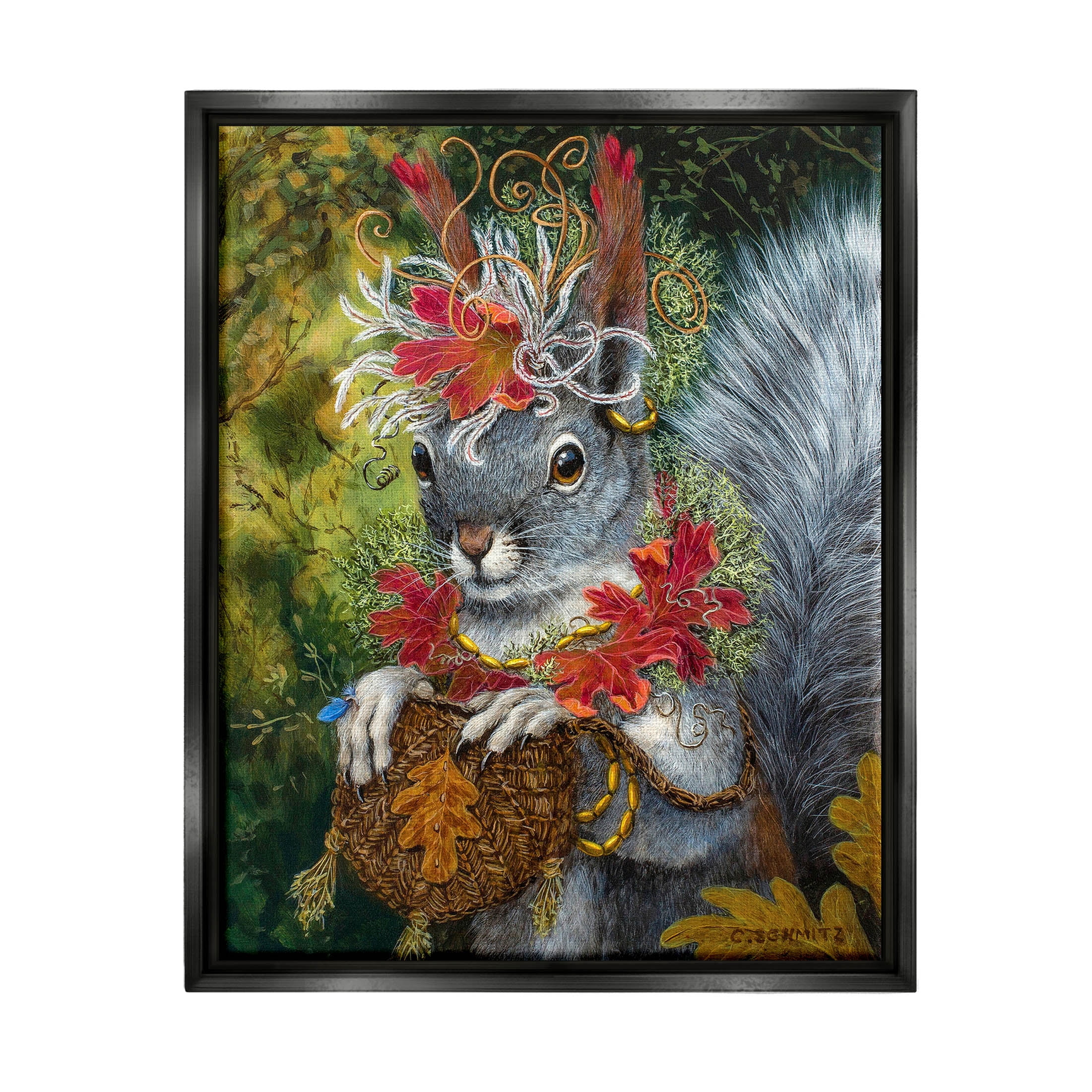 Stupell Industries Wildlife Botanical Squirrel Painting Jet Black Floating Framed Canvas Print Wall Art, Design by Carolyn Schmitz