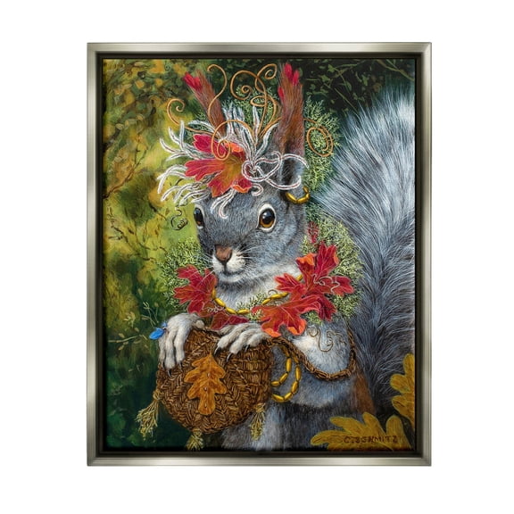 Stupell Industries Wildlife Botanical Squirrel Painting Luster Gray Floating Framed Canvas Print Wall Art, Design by Carolyn Schmitz