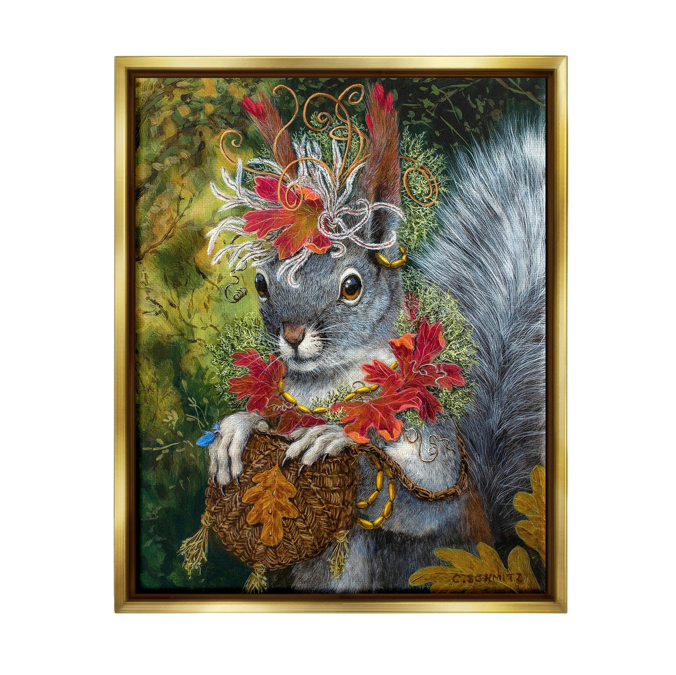 Stupell Industries Wildlife Botanical Squirrel Painting Metallic Gold Floating Framed Canvas Print Wall Art, Design by Carolyn Schmitz