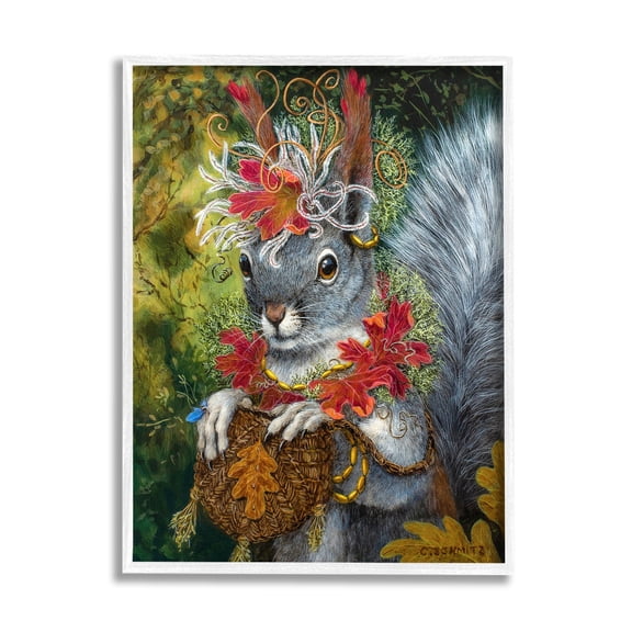 Stupell Industries Wildlife Botanical Squirrel Painting White Framed Art Print Wall Art, Design by Carolyn Schmitz
