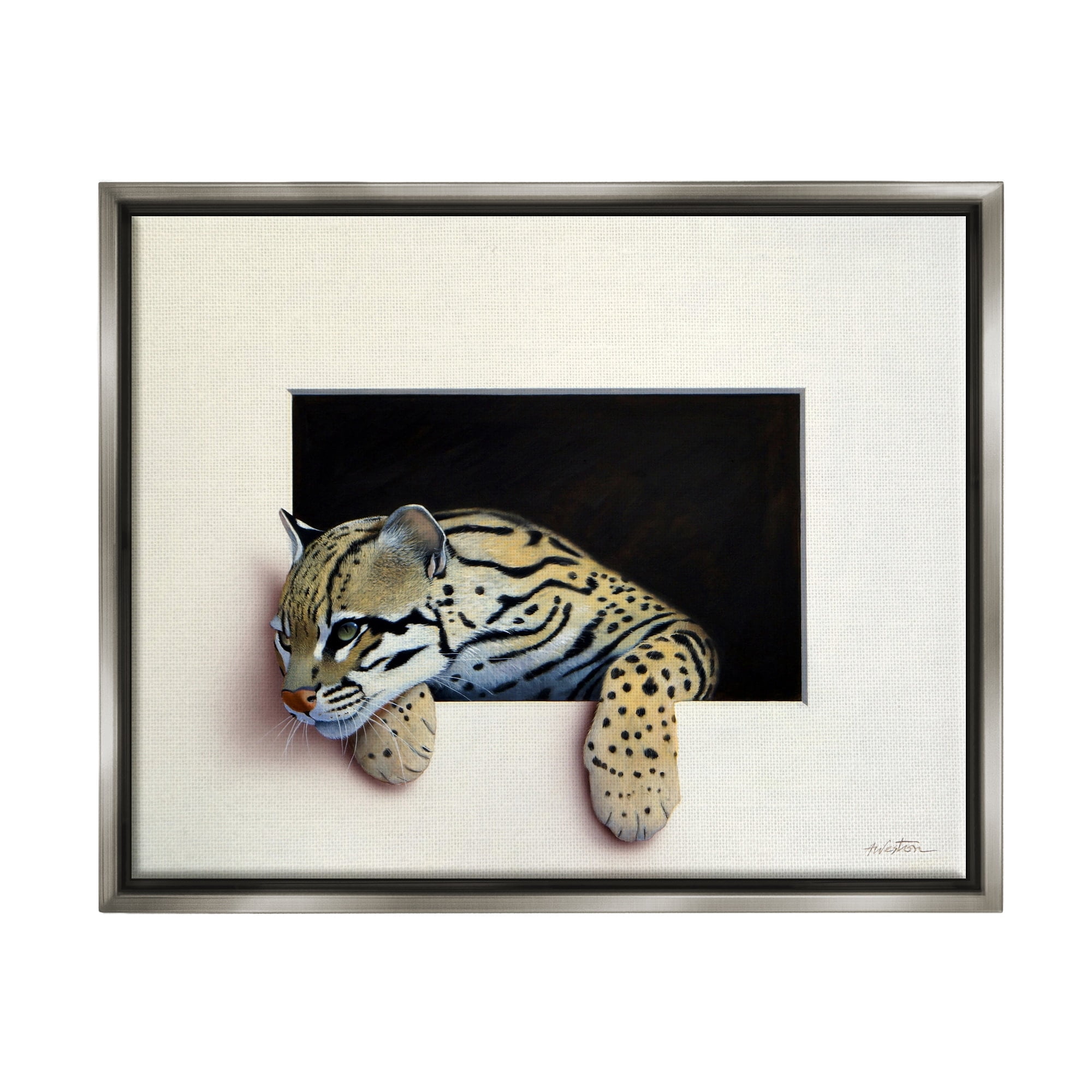 Stupell Industries Wildlife Ocelot Resting Paws Cutout Illusion Painting Luster Gray Floating Framed Canvas Print Wall Art, Design by Alan Weston